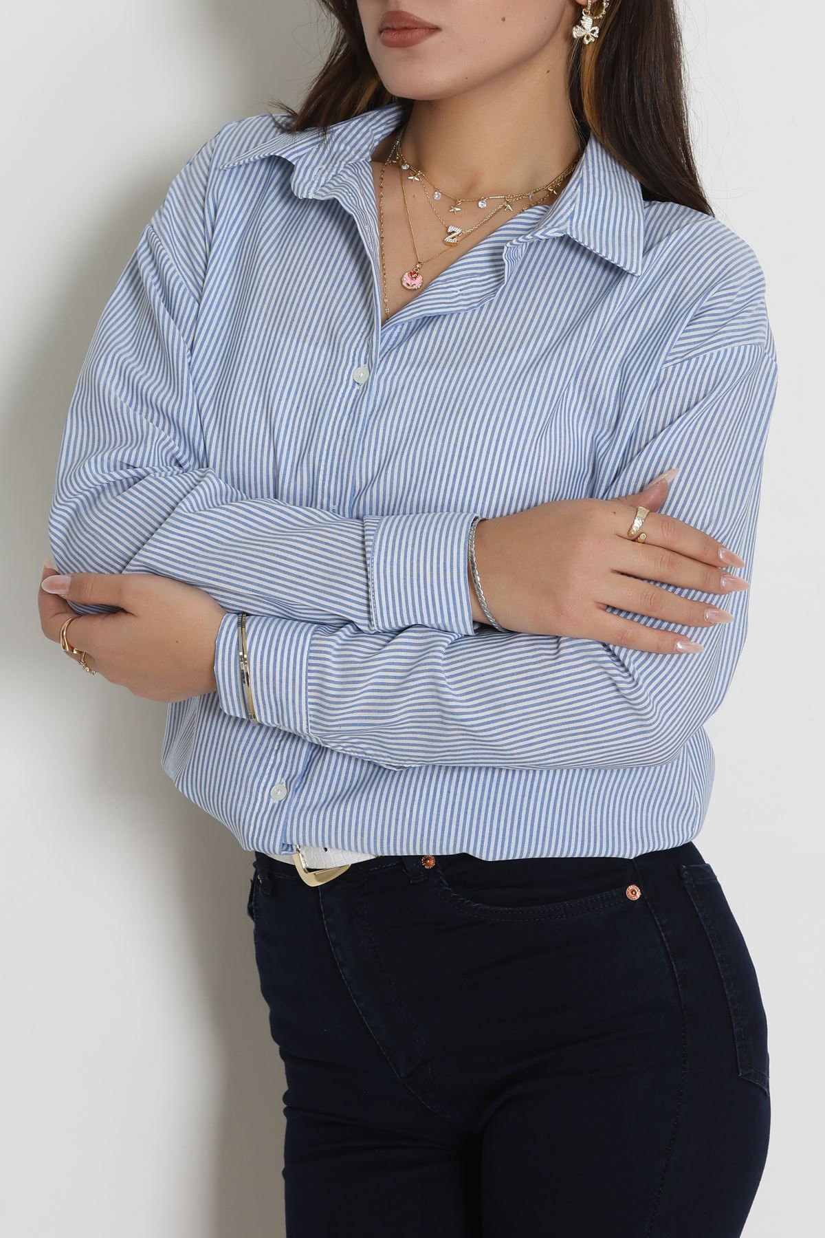 Pamuk Polyester Çizgili Oversize Gömlek Mavibeyaz1 - 51052.147.
