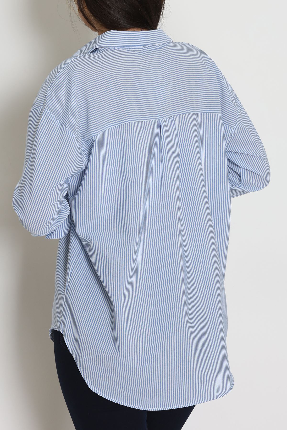 Pamuk Polyester Çizgili Oversize Gömlek Mavibeyaz1 - 51052.147.
