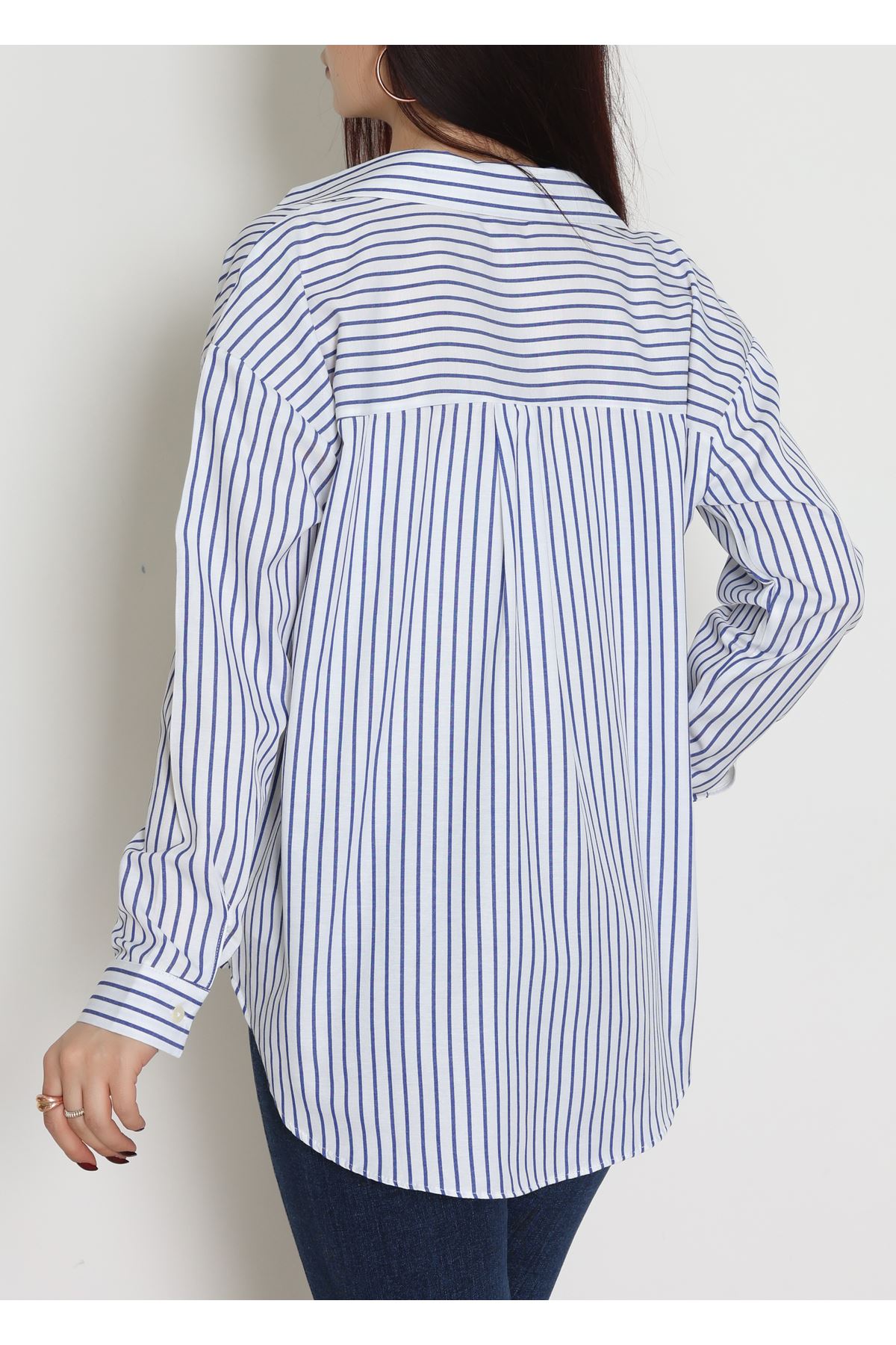 Pamuk Polyester Çizgili Oversize Gömlek Laciçizgili - 51052.147.
