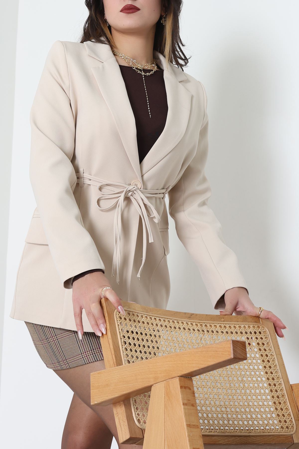 Bağlamalı Astarlı Blazer Ceket Bej - 31815.1991.