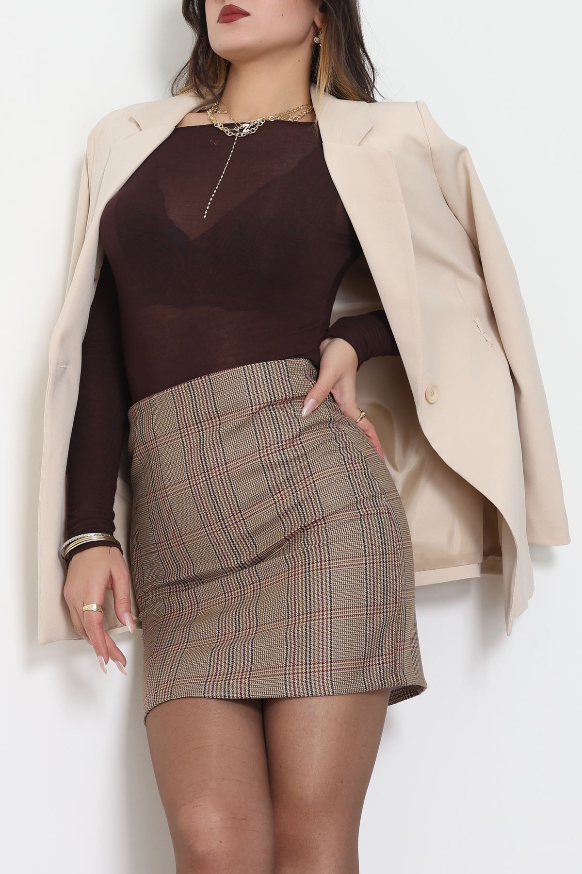 Bağlamalı Astarlı Blazer Ceket Bej - 31815.1991.