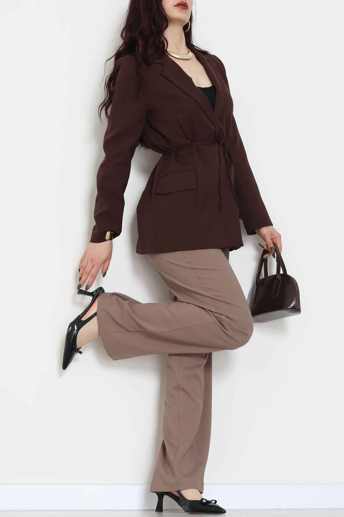 Bağlamalı Astarlı Blazer Ceket Kahve - 31815.1991.