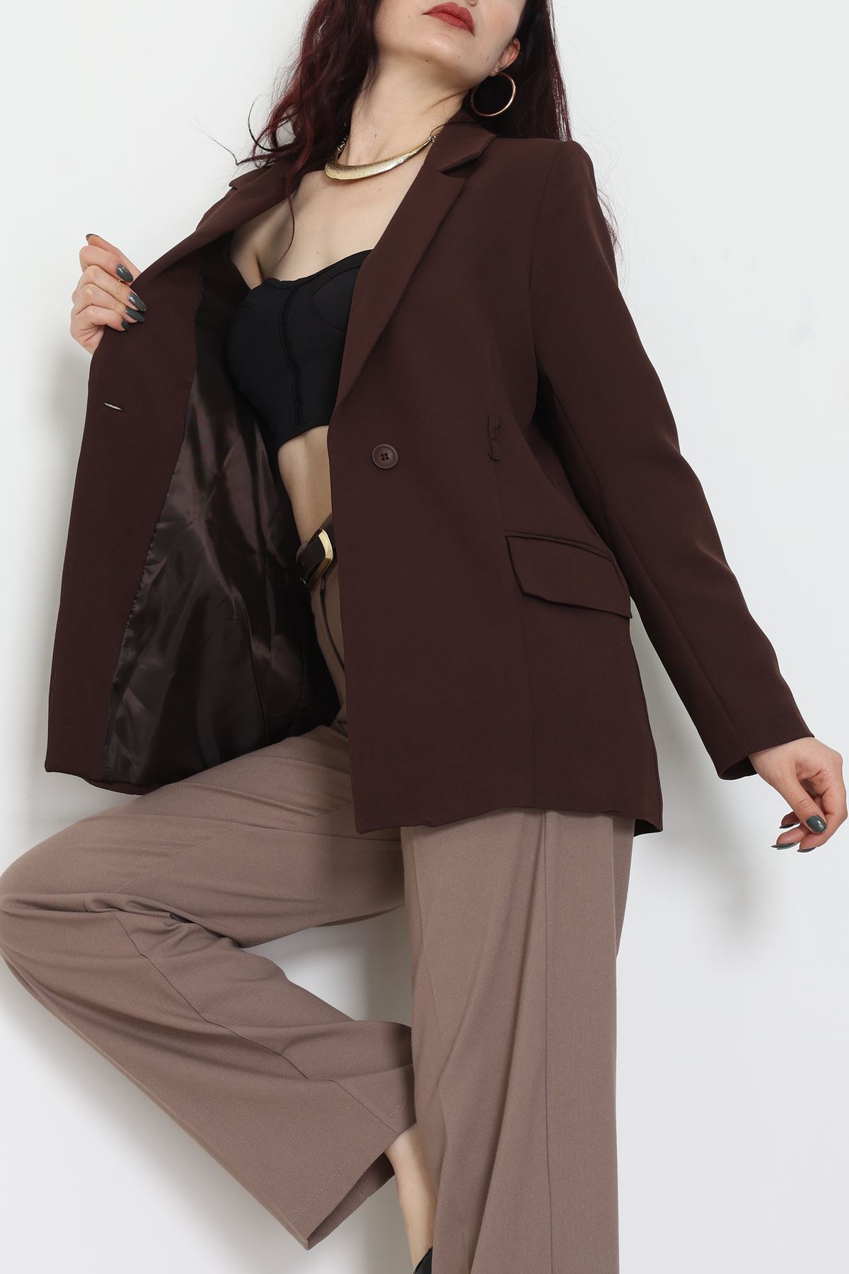 Bağlamalı Astarlı Blazer Ceket Kahve - 31815.1991.