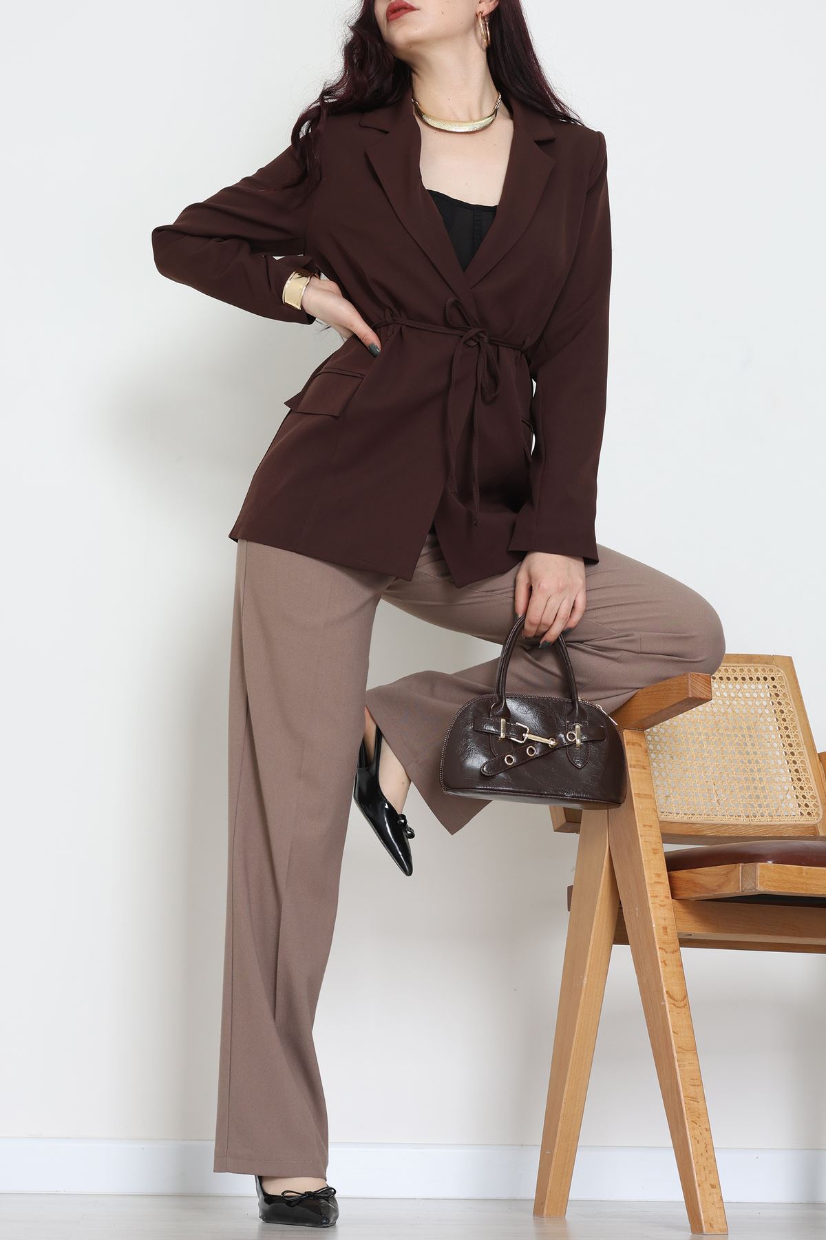Bağlamalı Astarlı Blazer Ceket Kahve - 31815.1991.