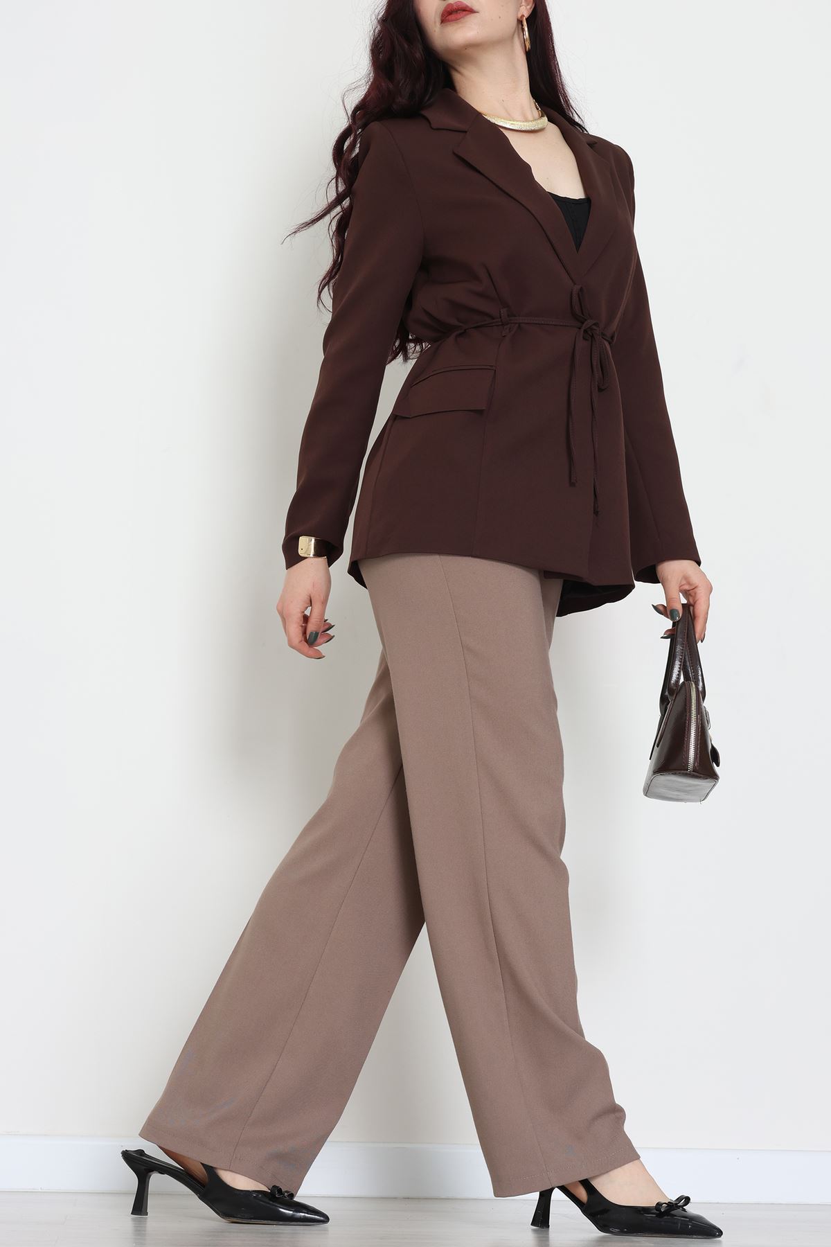 Bağlamalı Astarlı Blazer Ceket Kahve - 31815.1991.