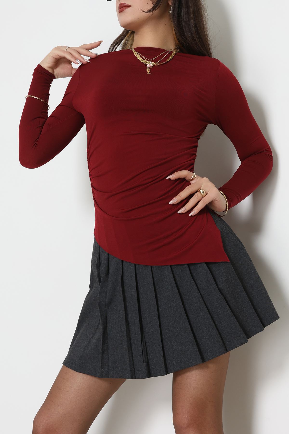 Sandy Yandan Drapeli Asimetrik Bluz Bordo - 42801.1949.