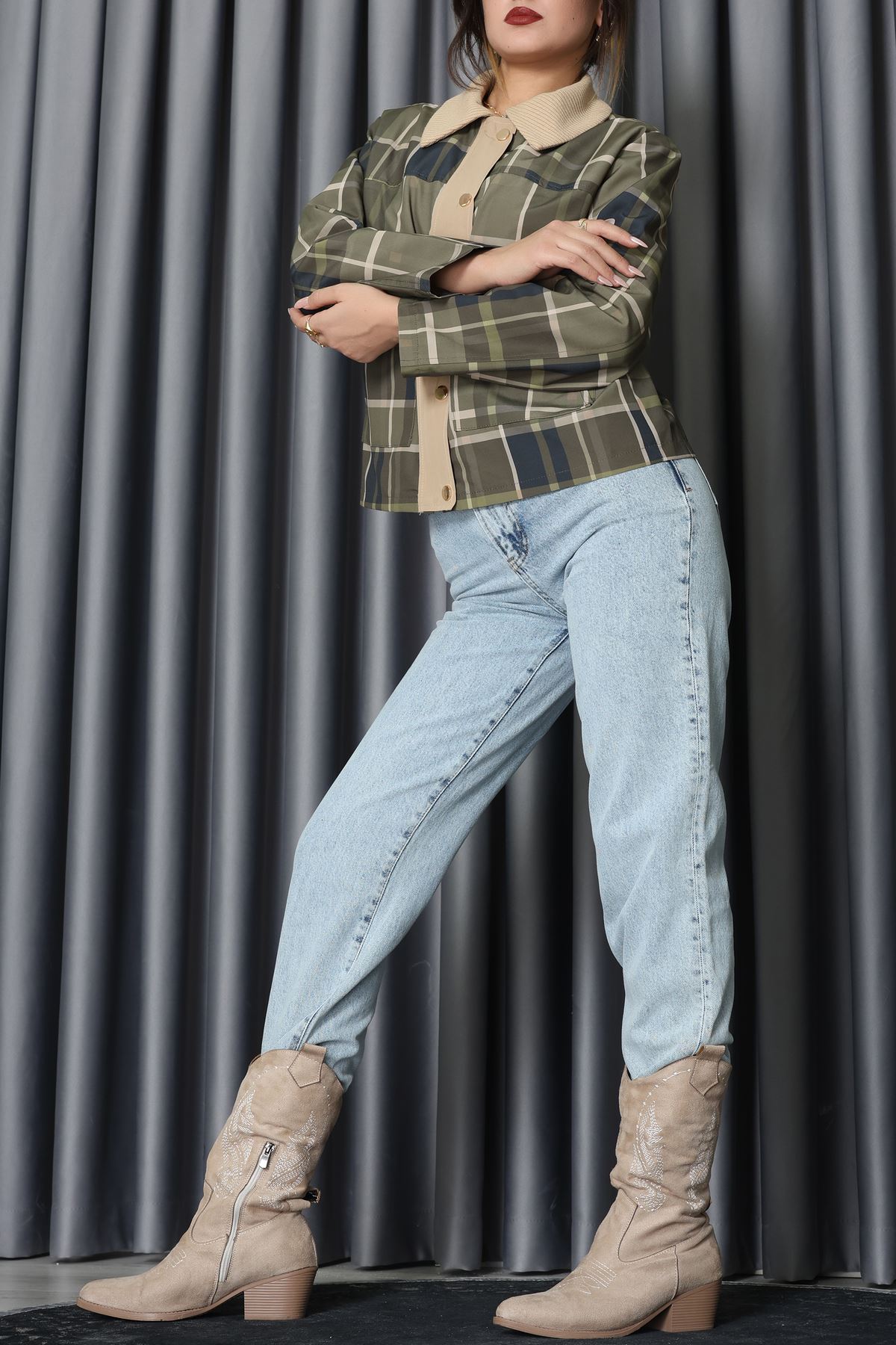 Yaka Detay Ekose Ceket Zümrüt - 7604.2122.