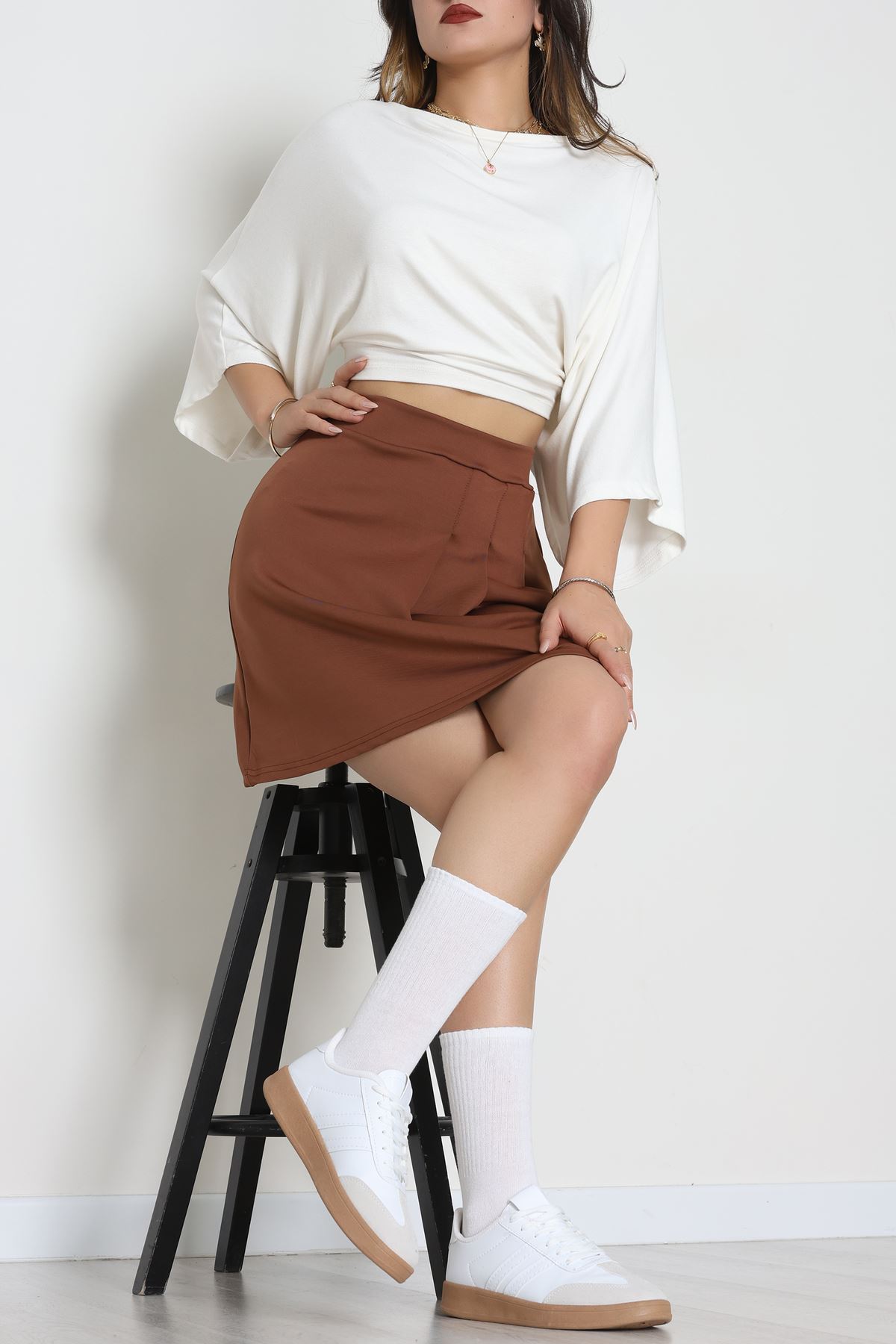 Double Krep Kumaş Pileli Mini Etek Acıkahve - 42798.1567.