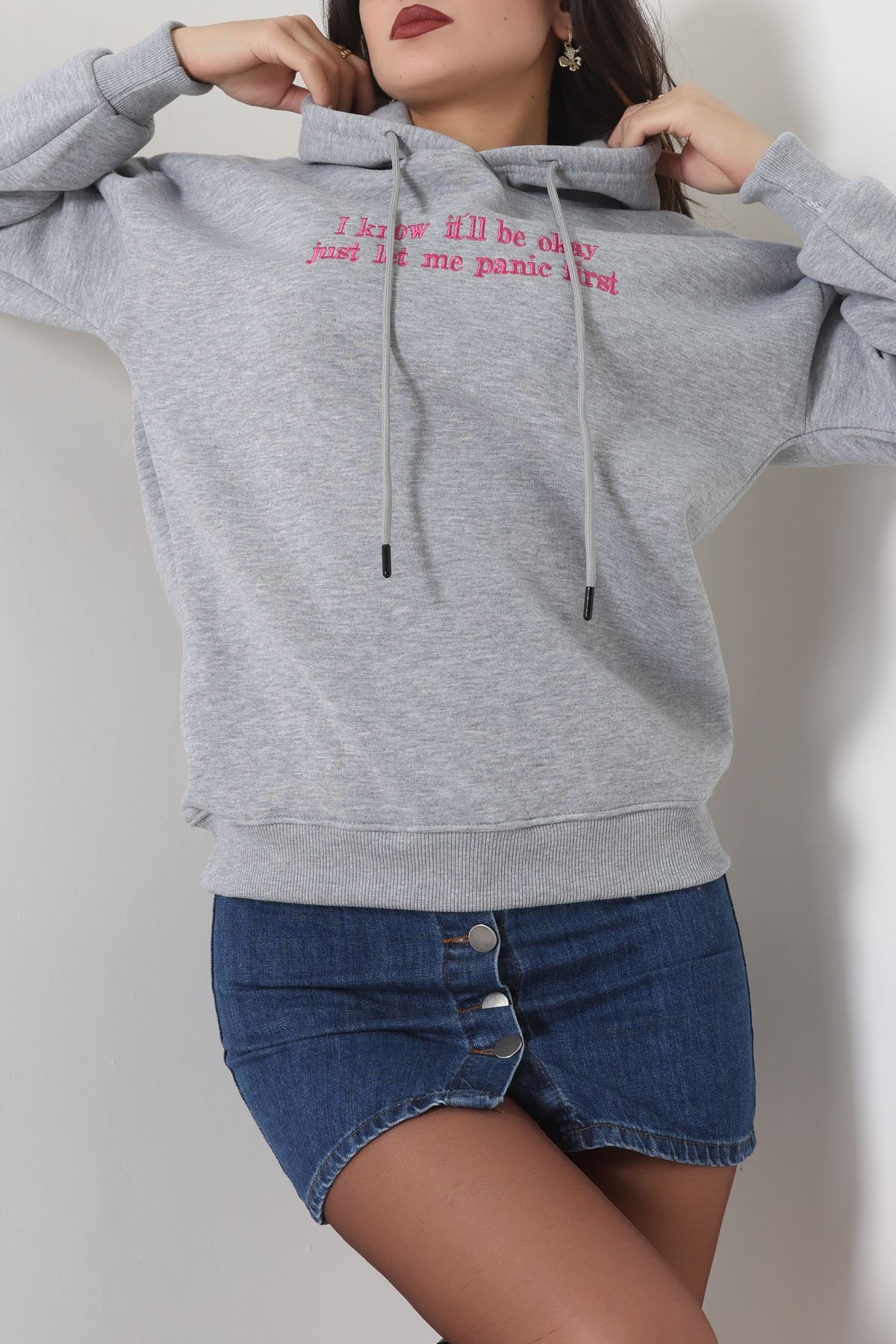 3 İplik Kapşonlu Nakışlı Sweat Grifuşya - 42231.1878.