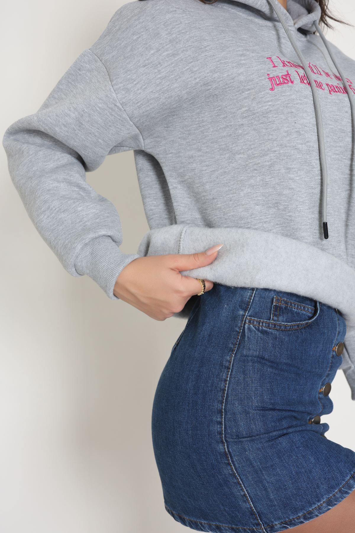 3 İplik Kapşonlu Nakışlı Sweat Grifuşya - 42231.1878.