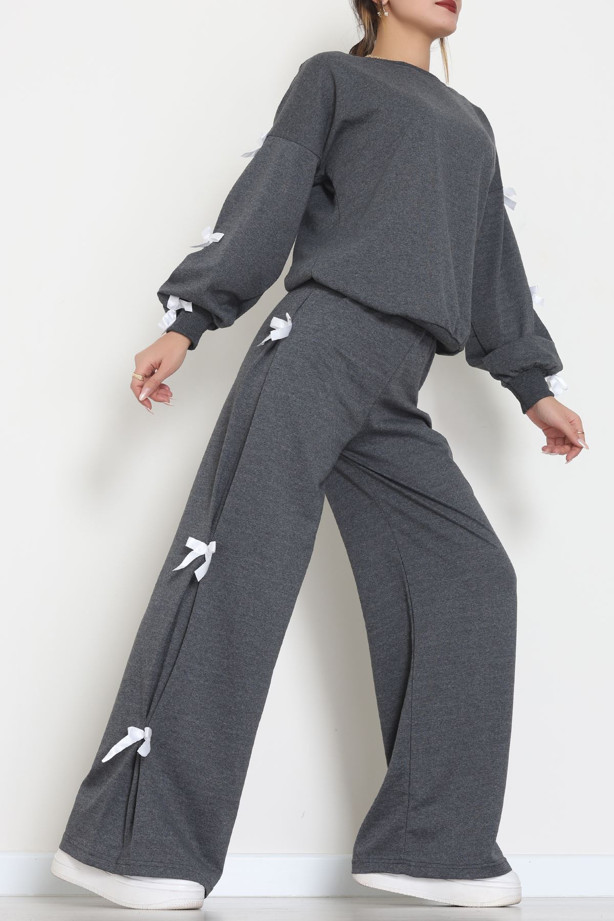 Özel Tasarımlı İki İplik Kurdeleli Eşofman Takım Füme - 70165.1857.