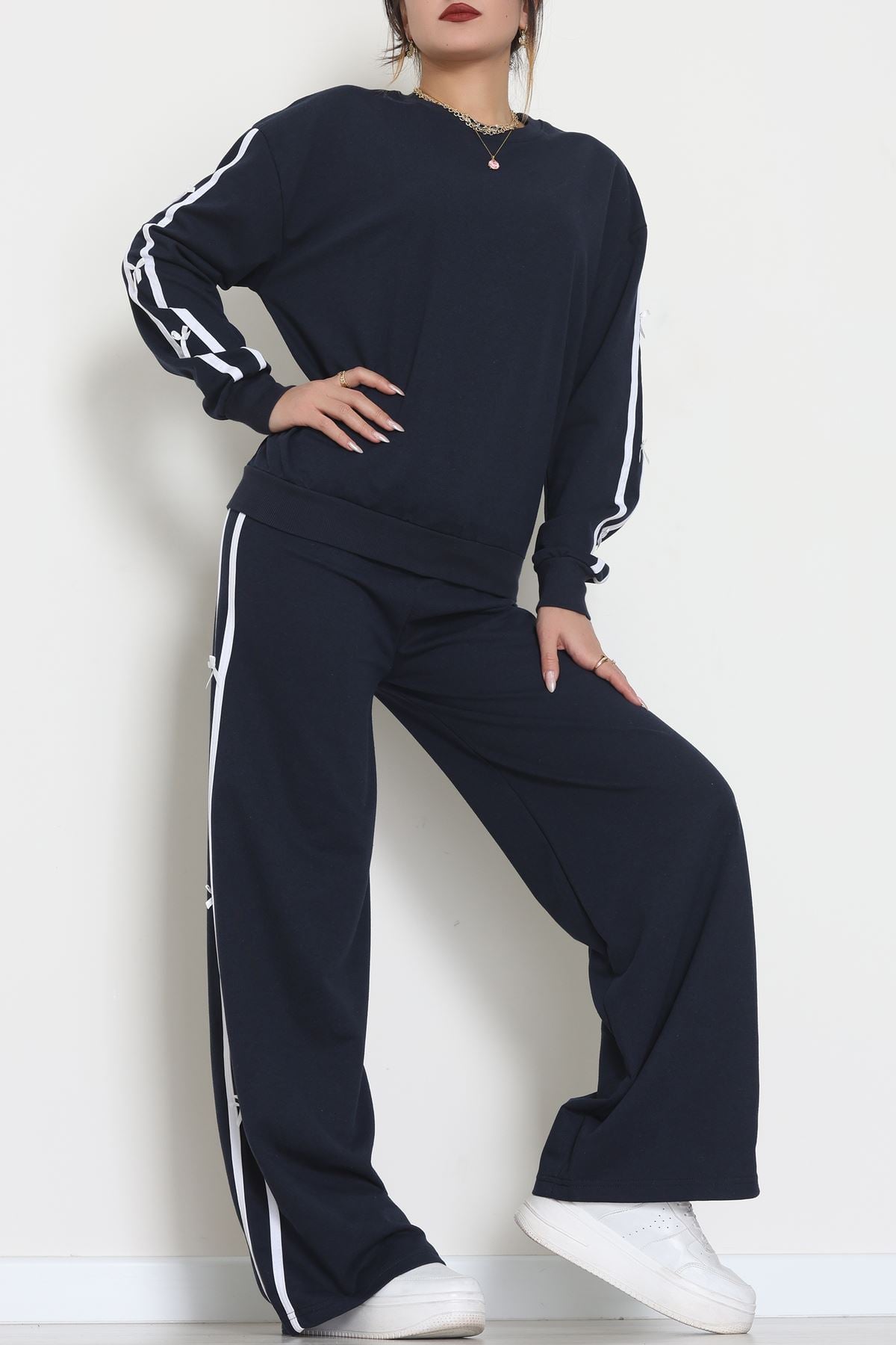 Şeritli Fiyonklu 2 İplik Eşofman Takımı Lacivert - 50788.1857.