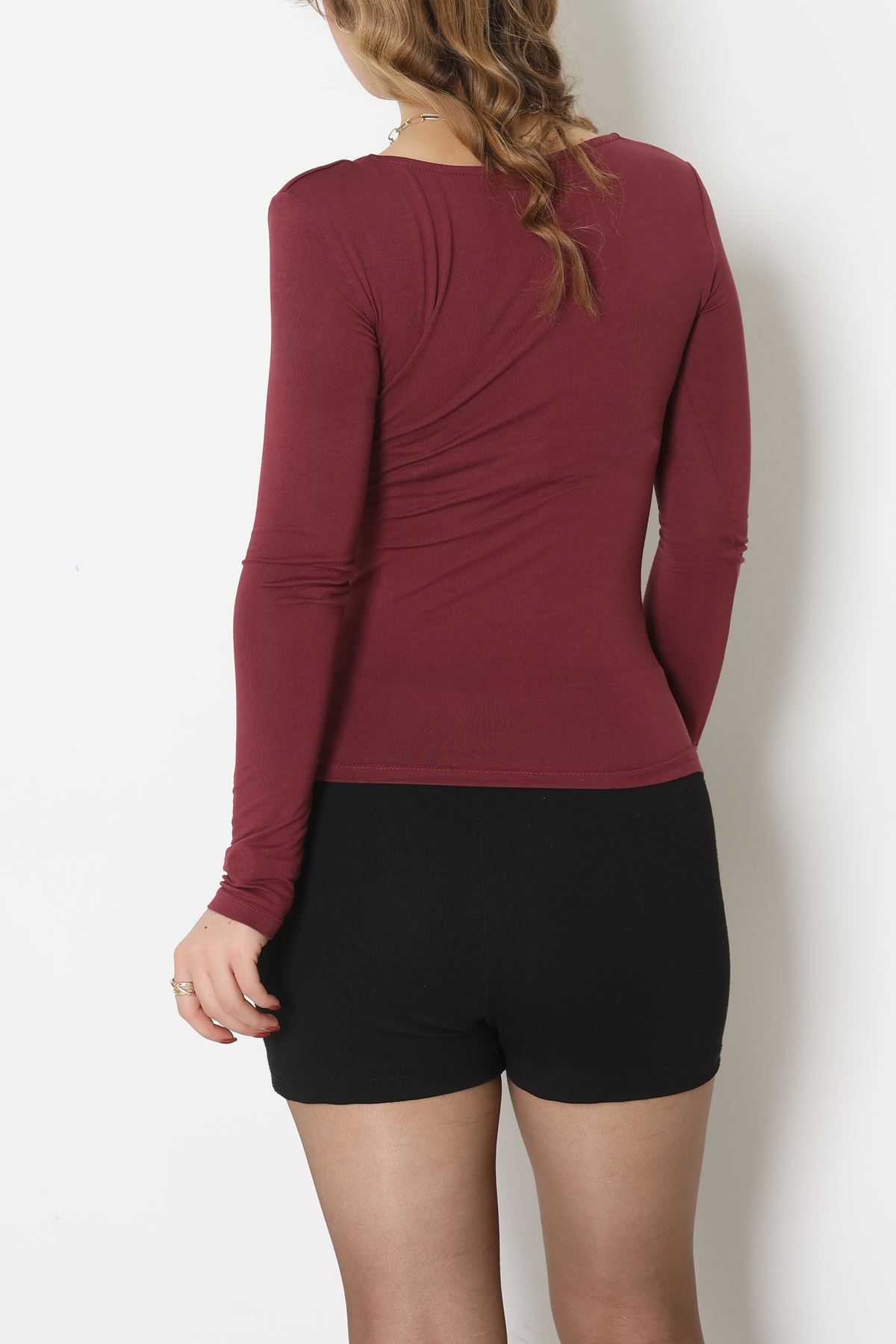 V Yaka Likralı Viskon Uzun Kollu Body Bordo - 22132.200.