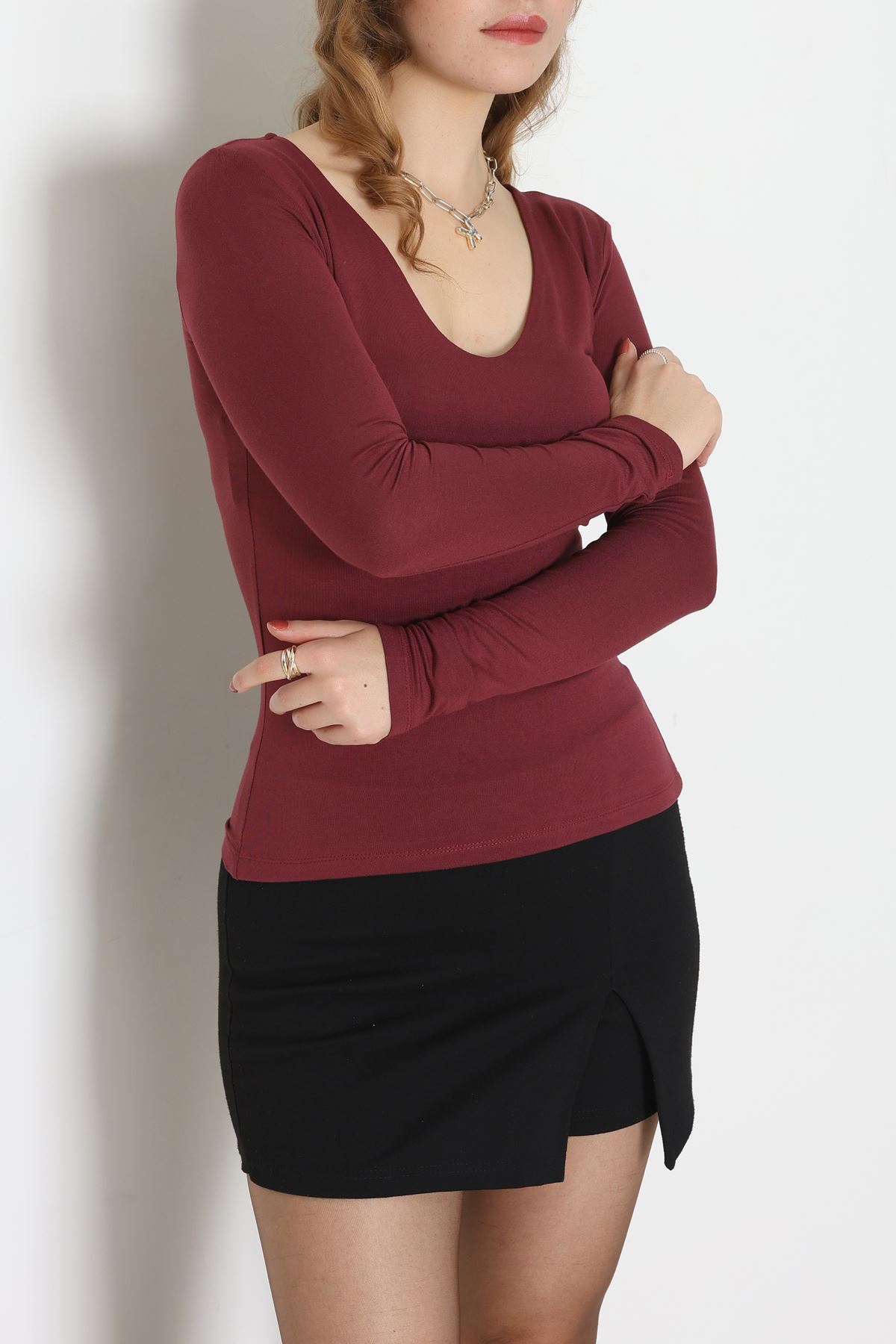 V Yaka Likralı Viskon Uzun Kollu Body Bordo - 22132.200.