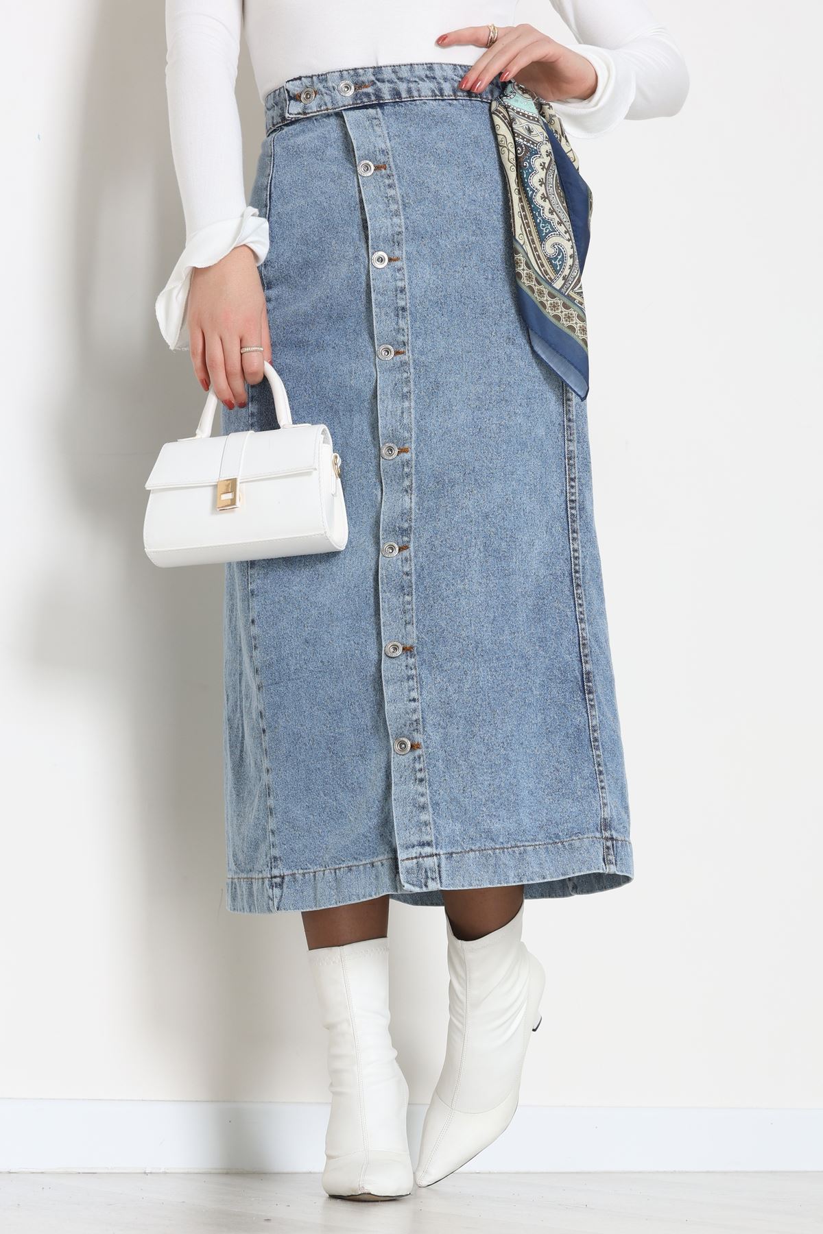 Düğmeli Kot Etek Açıkmavi - 31556.2088.