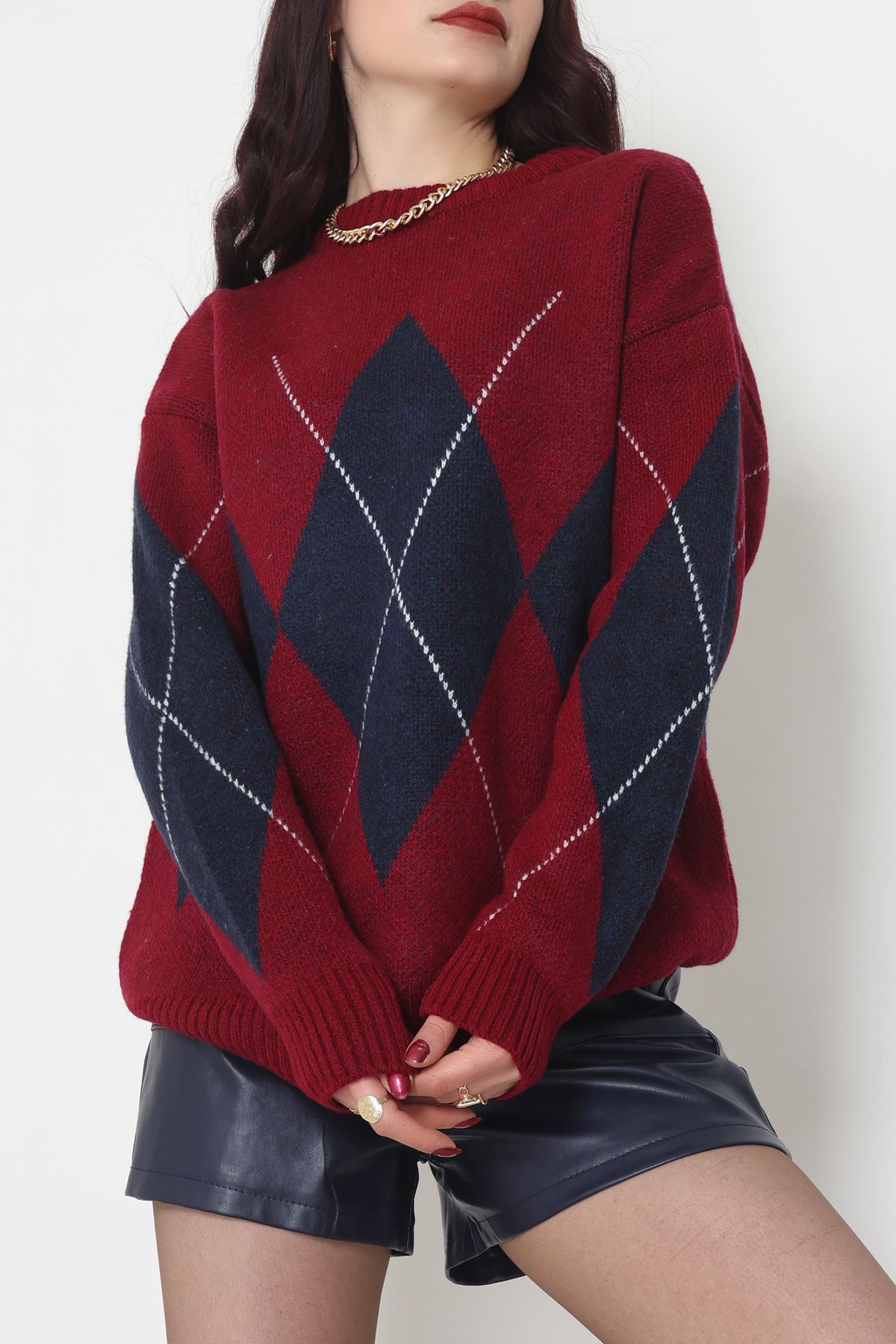 Baklava Dilimli Triko Kazak Bordolacivert - 51262.1918.