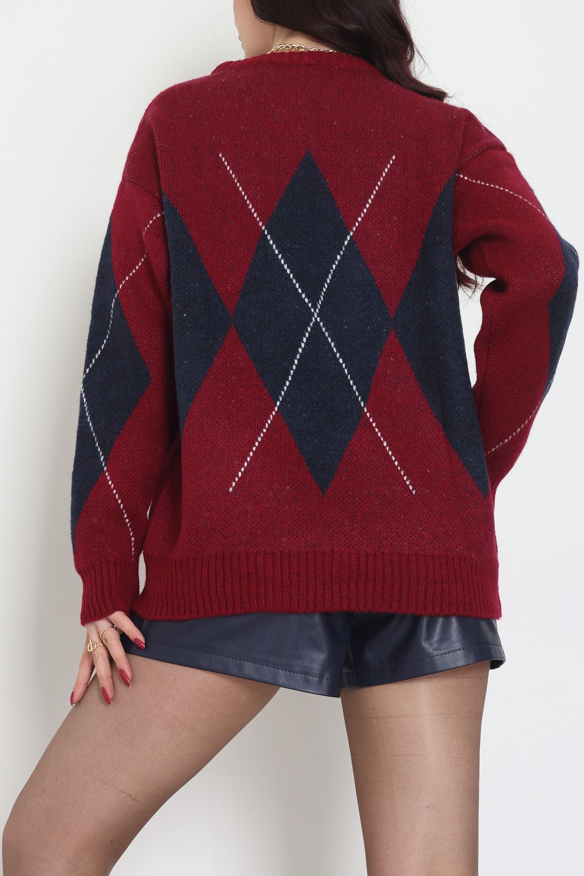 Baklava Dilimli Triko Kazak Bordolacivert - 51262.1918.