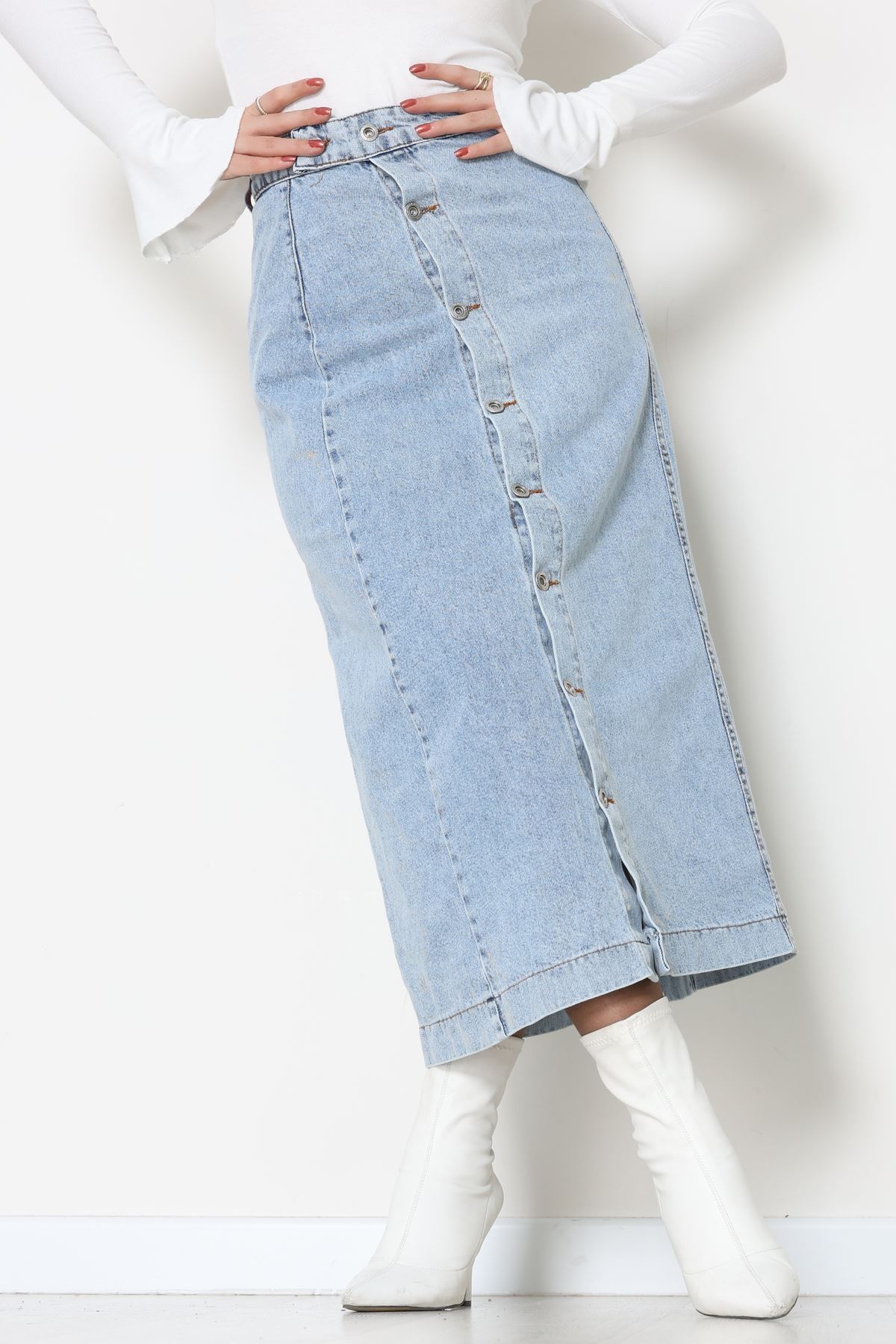 Düğmeli Kot Etek Buzmavi - 31556.2088.