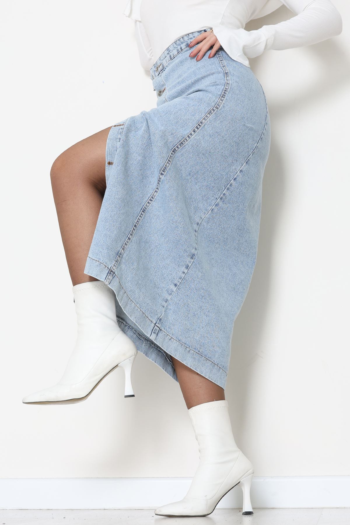 Düğmeli Kot Etek Buzmavi - 31556.2088.