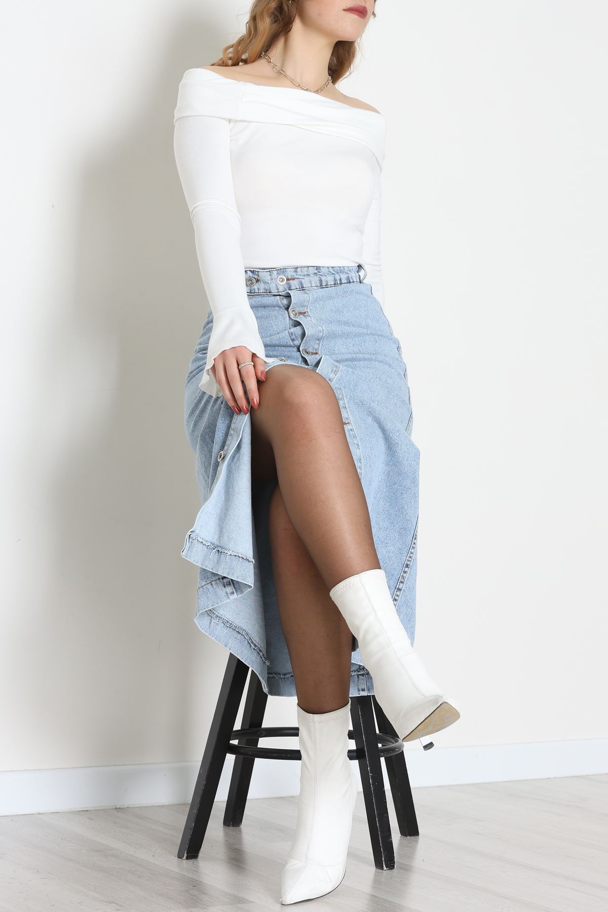 Düğmeli Kot Etek Buzmavi - 31556.2088.