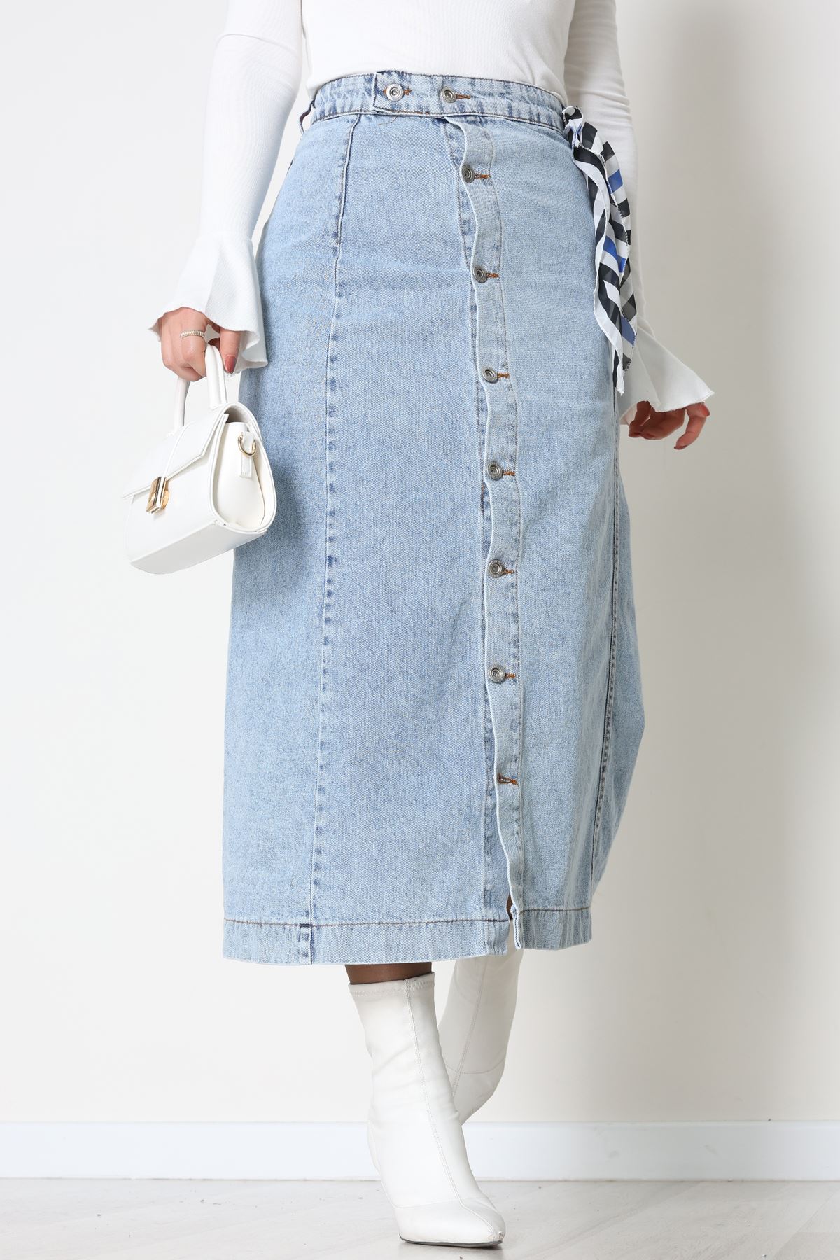 Düğmeli Kot Etek Buzmavi - 31556.2088.