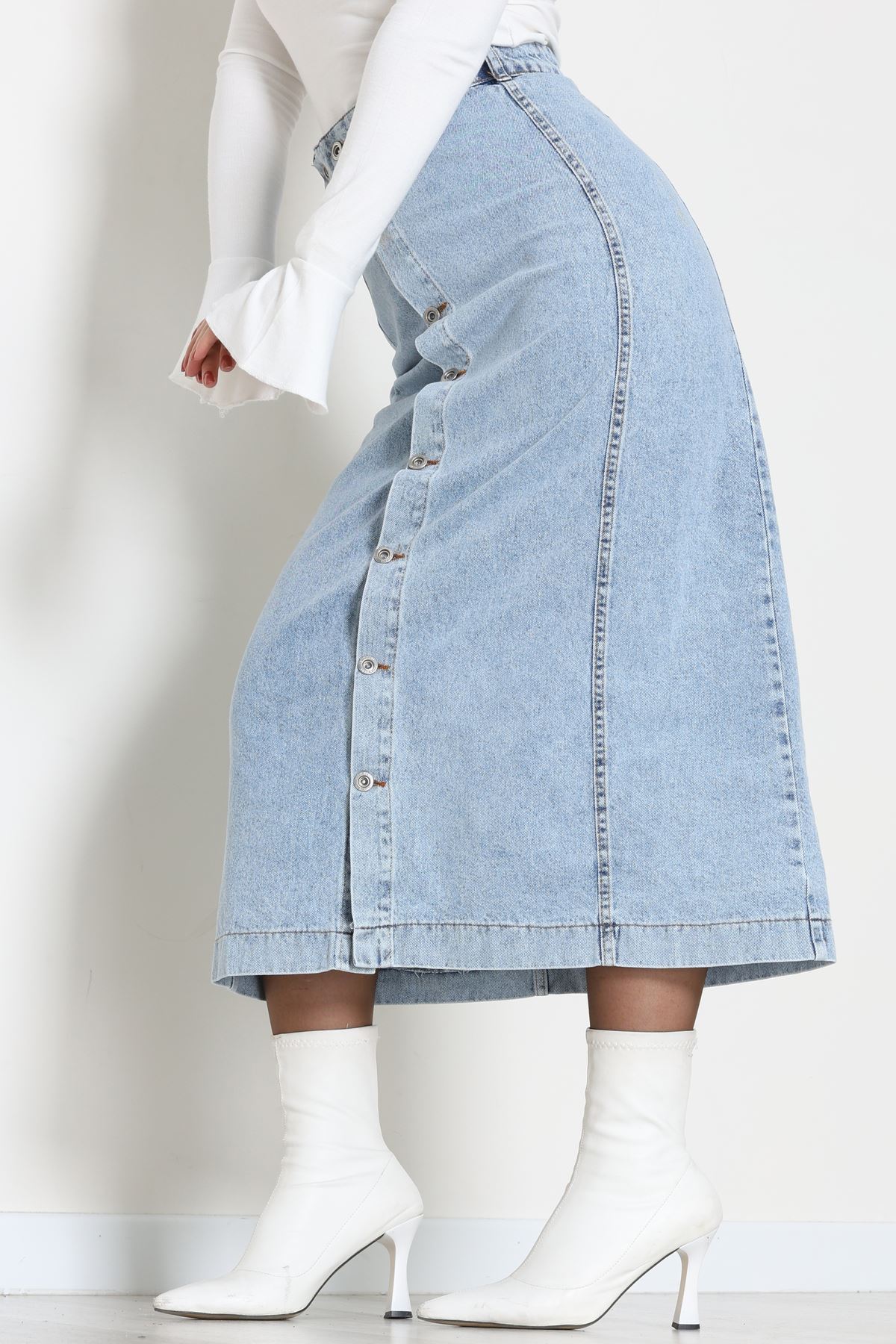 Düğmeli Kot Etek Buzmavi - 31556.2088.