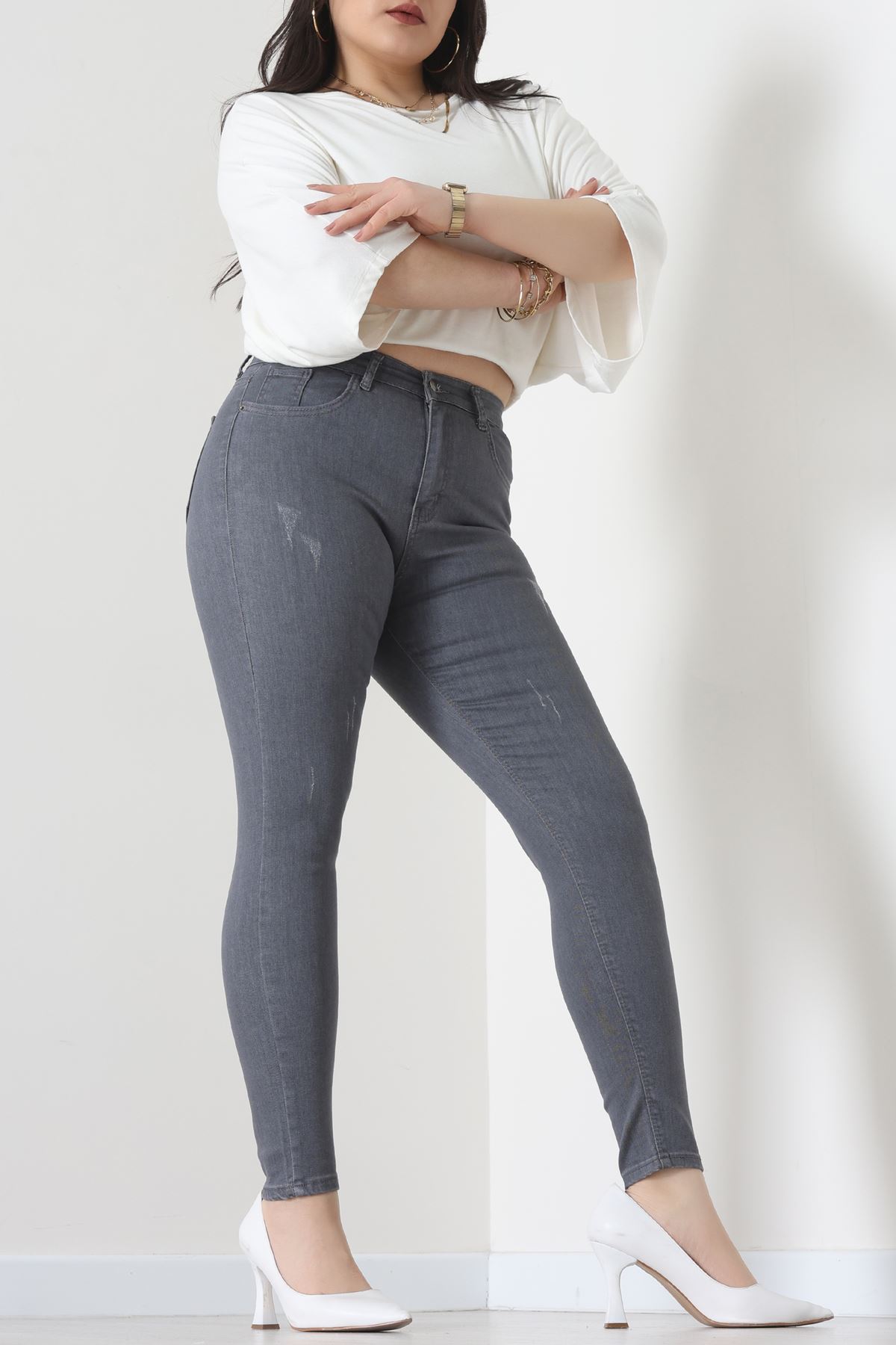 Lazer Kesim Büyük Beden Kot Pantolon Füme - 31828.2121.