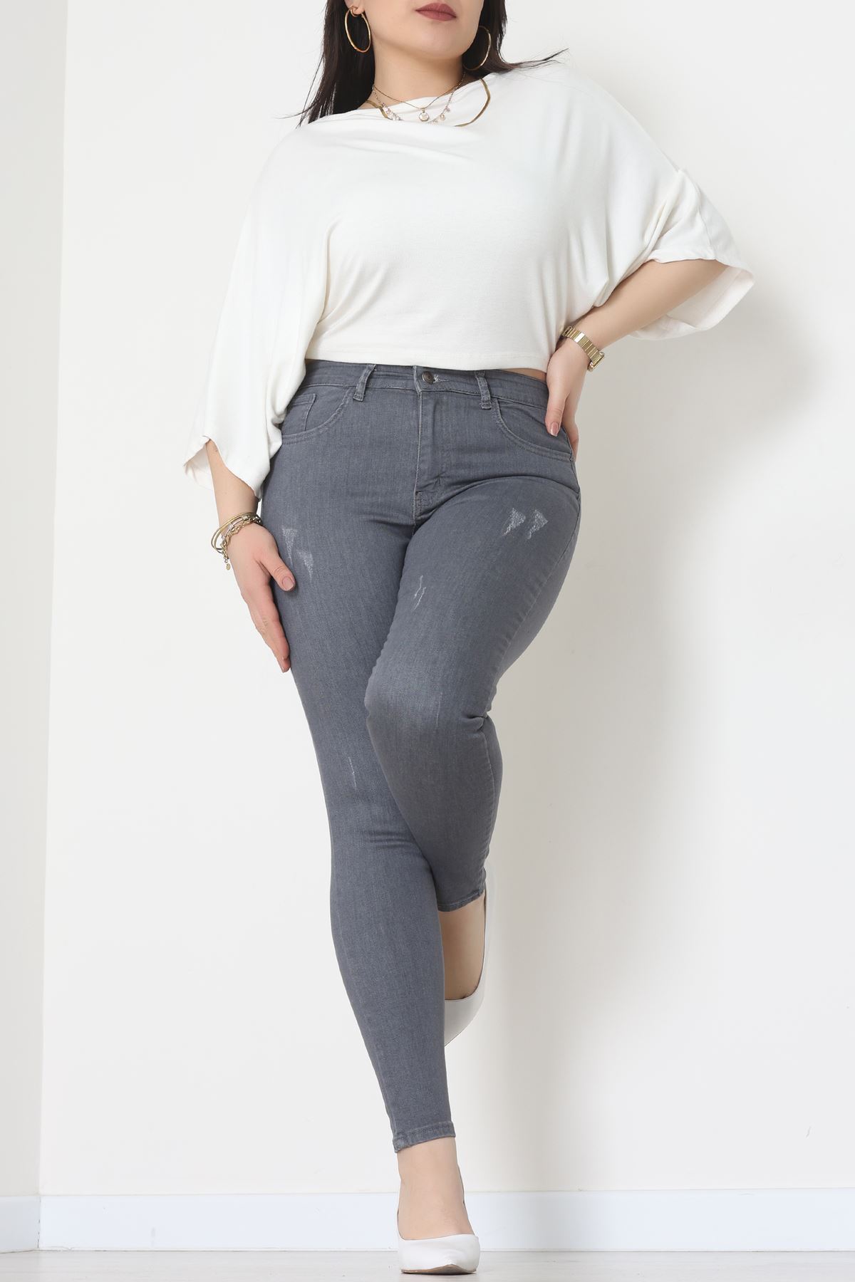 Lazer Kesim Büyük Beden Kot Pantolon Füme - 31828.2121.