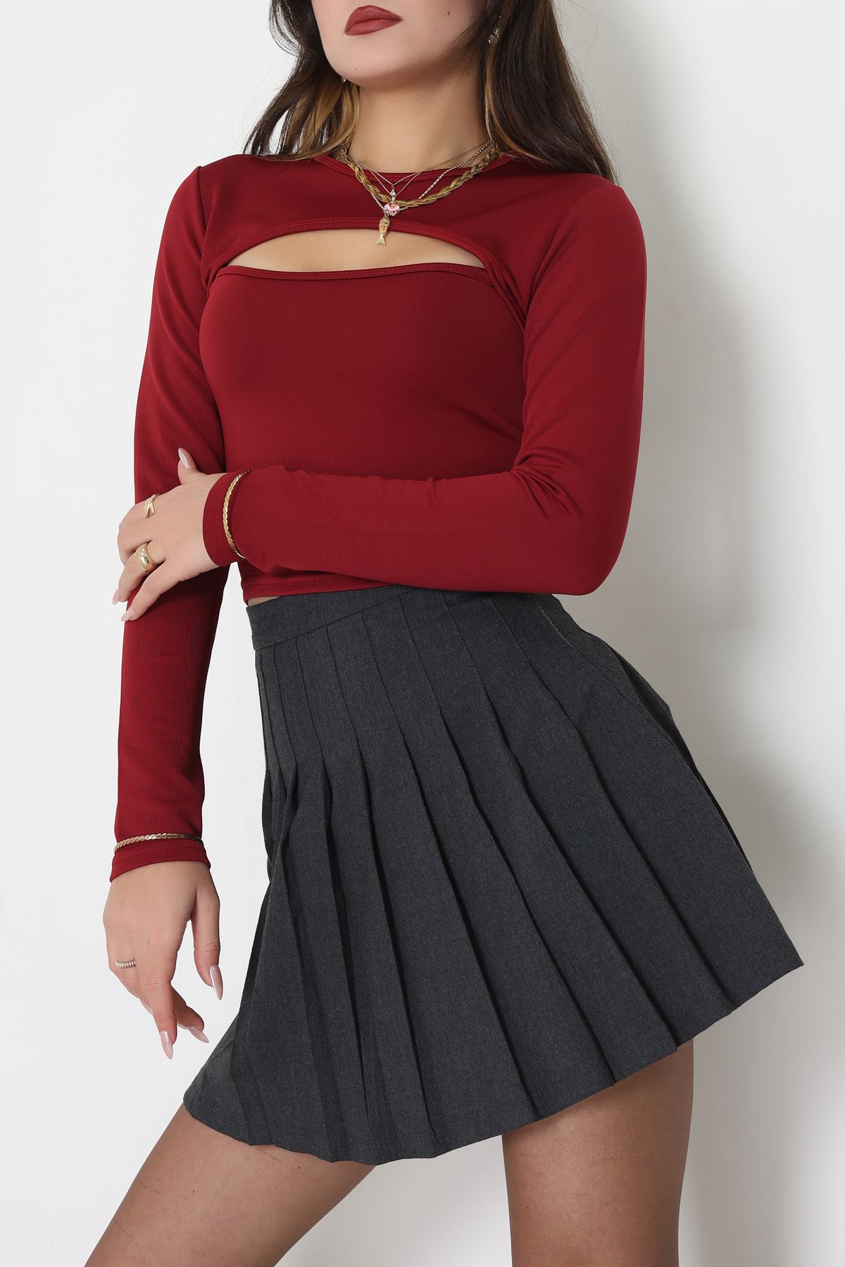 Double Krep Kumaş Parmak Geçmeli Bluz Bordo - 42796.1567.