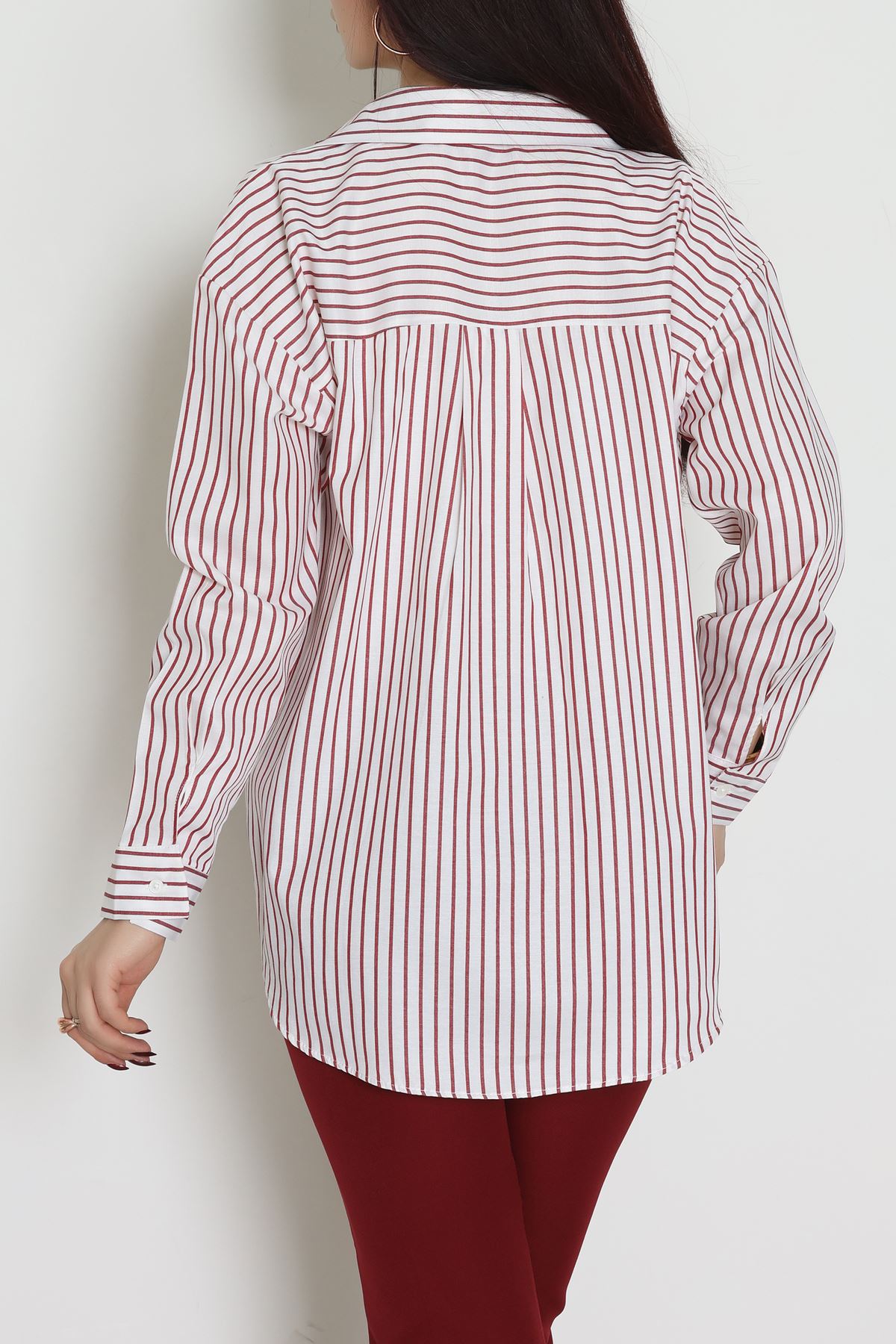 Pamuk Polyester Çizgili Oversize Gömlek Bordobeyaz - 51052.147.