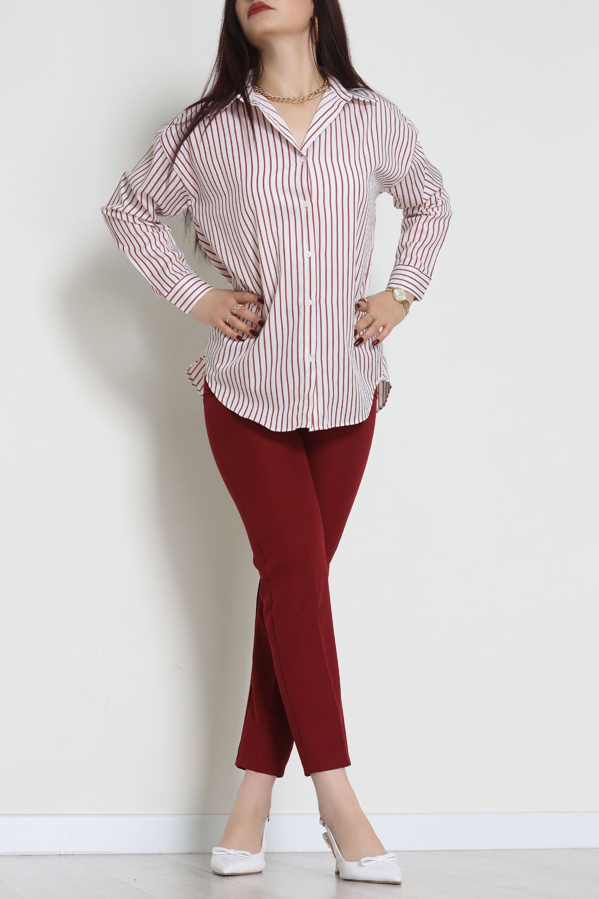 Pamuk Polyester Çizgili Oversize Gömlek Bordobeyaz - 51052.147.