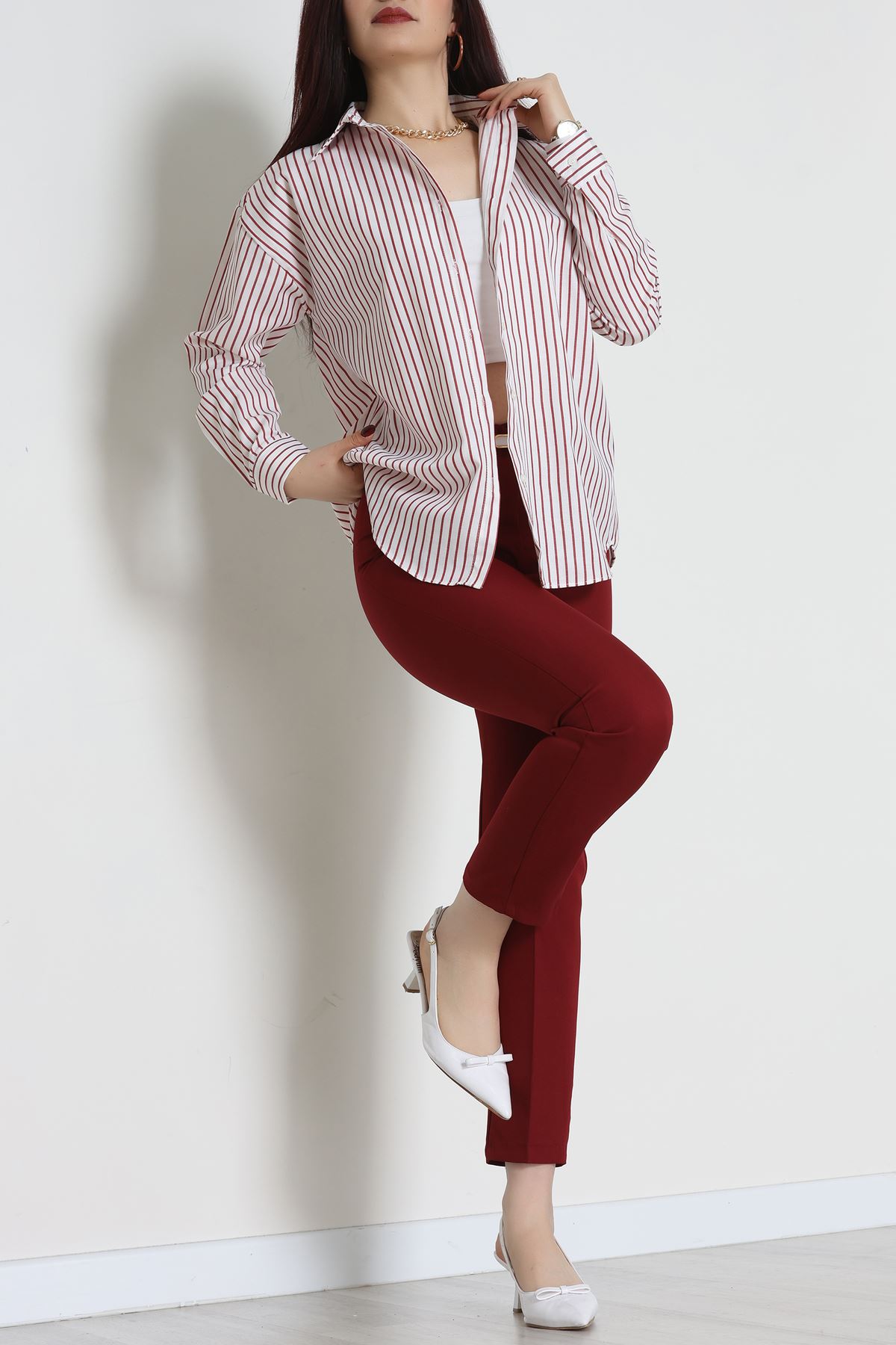 Pamuk Polyester Çizgili Oversize Gömlek Bordobeyaz - 51052.147.