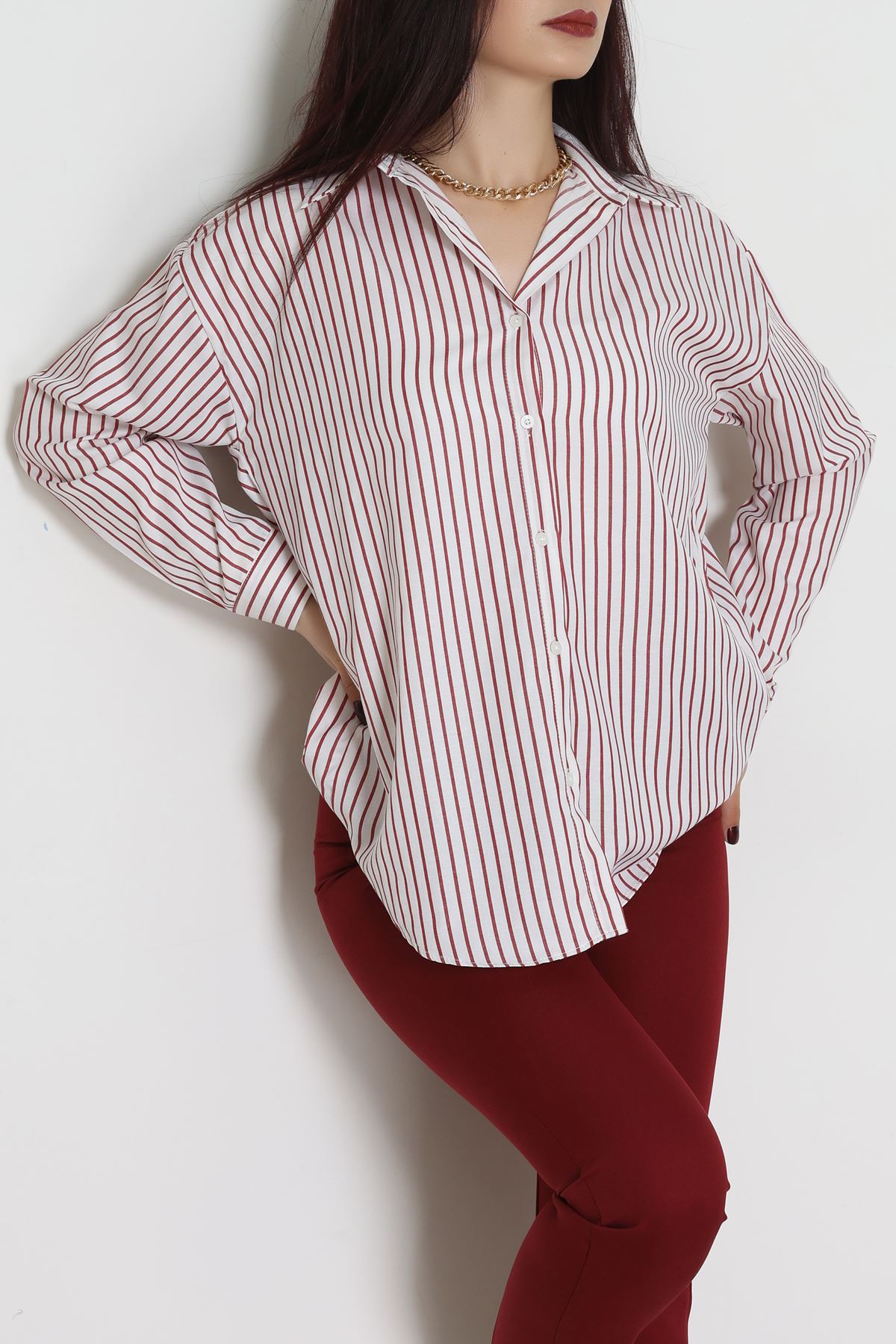 Pamuk Polyester Çizgili Oversize Gömlek Bordobeyaz - 51052.147.