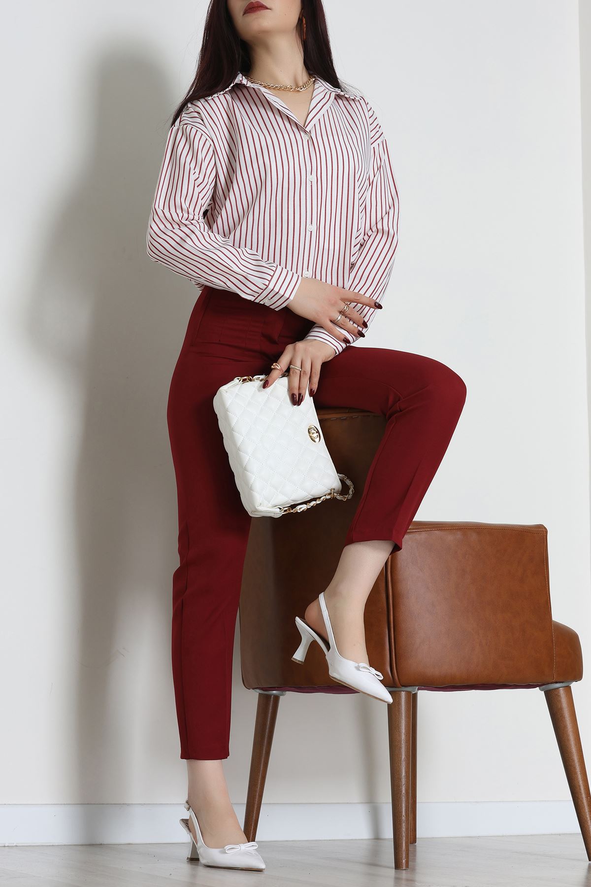 Pamuk Polyester Çizgili Oversize Gömlek Bordobeyaz - 51052.147.