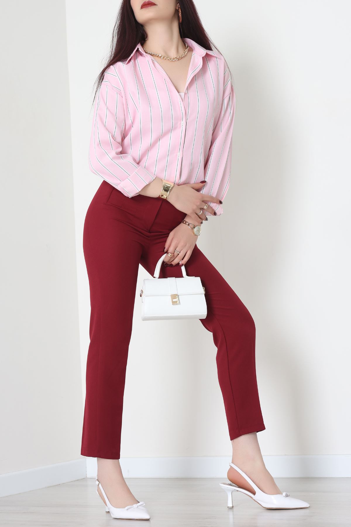 Pamuk Polyester Çizgili Oversize Gömlek Pembebeyaz - 51052.147.