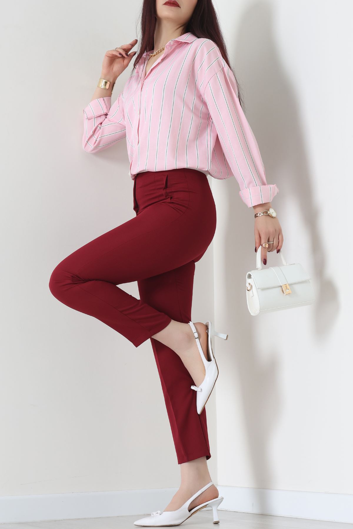 Pamuk Polyester Çizgili Oversize Gömlek Pembebeyaz - 51052.147.