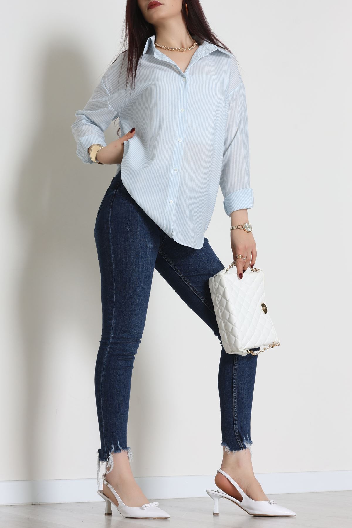 Pamuk Polyester Çizgili Oversize Gömlek Bebemavi - 51052.147.