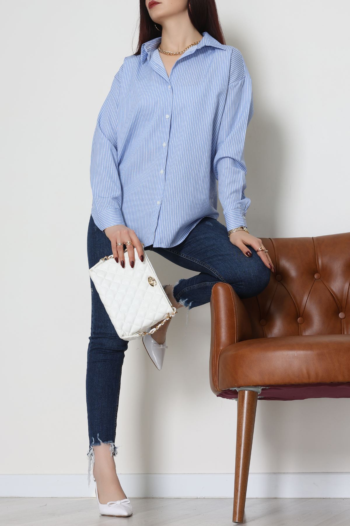 Pamuk Polyester Çizgili Oversize Gömlek Mavibeyaz - 51052.147.