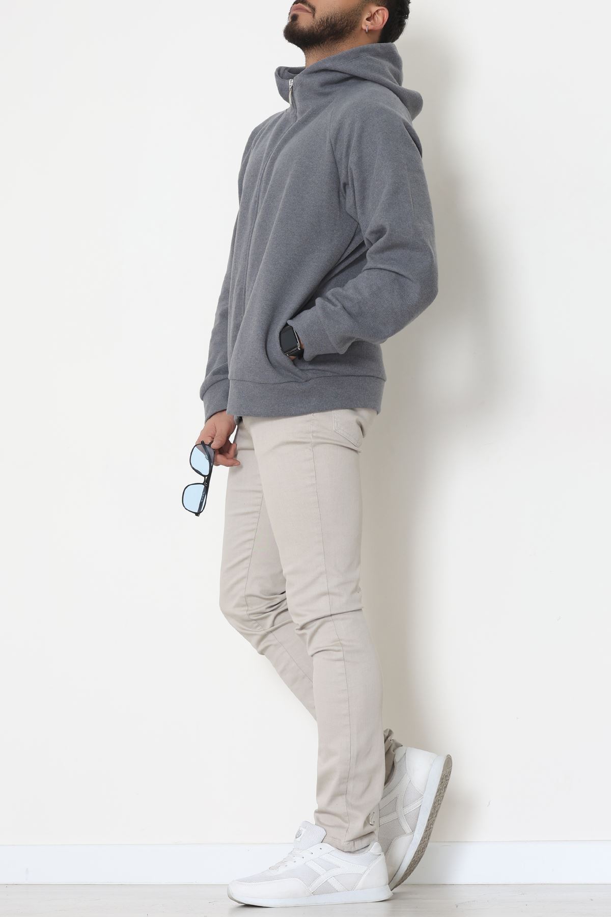 Selanik Kumaş Kapşonlu Erkek Sweat Füme - 42799.1567.