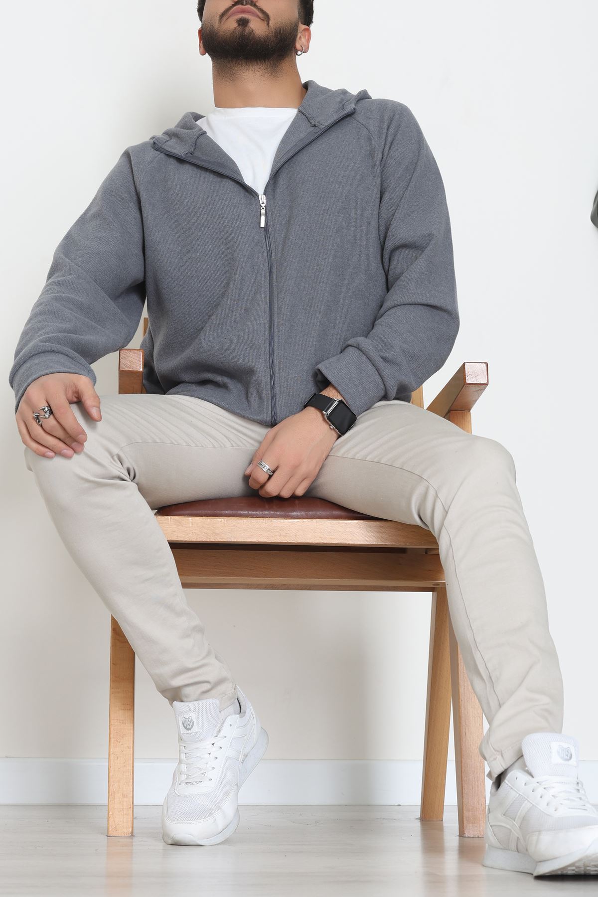 Selanik Kumaş Kapşonlu Erkek Sweat Füme - 42799.1567.