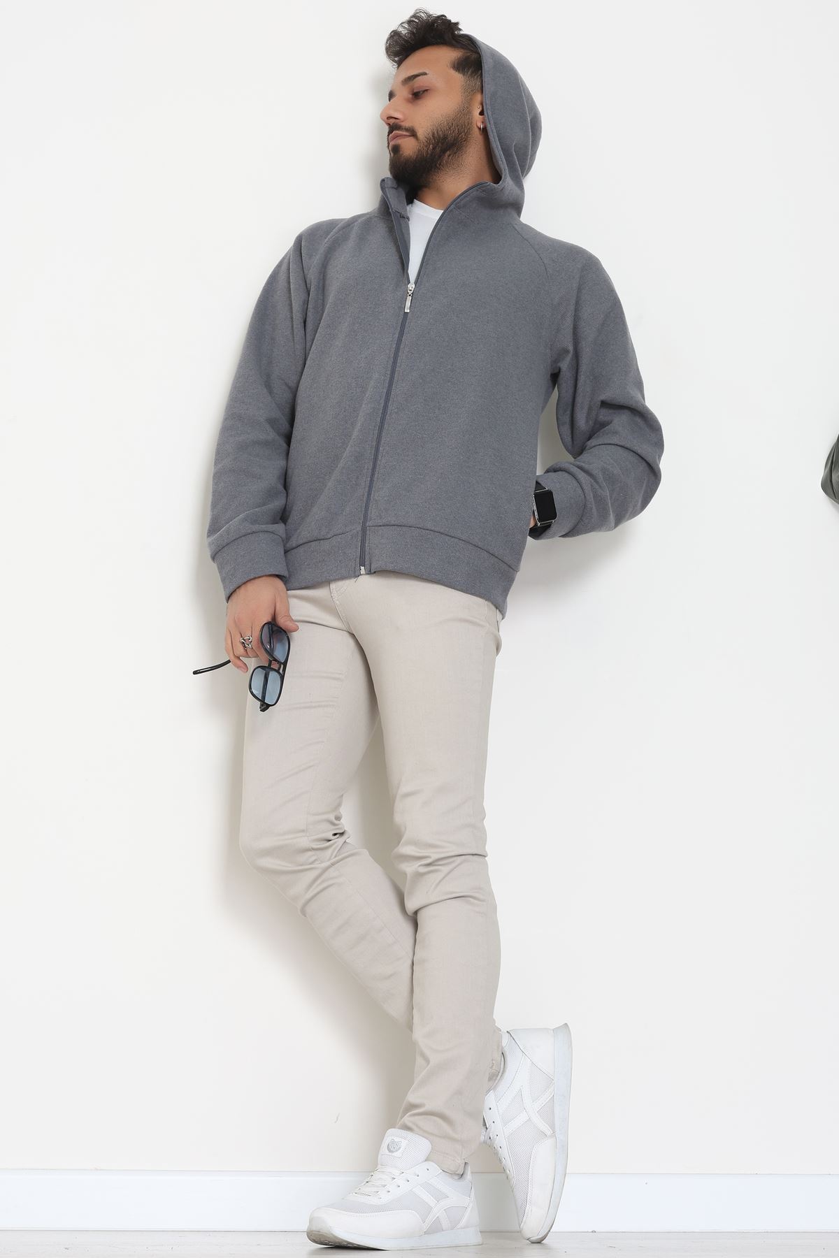 Selanik Kumaş Kapşonlu Erkek Sweat Füme - 42799.1567.