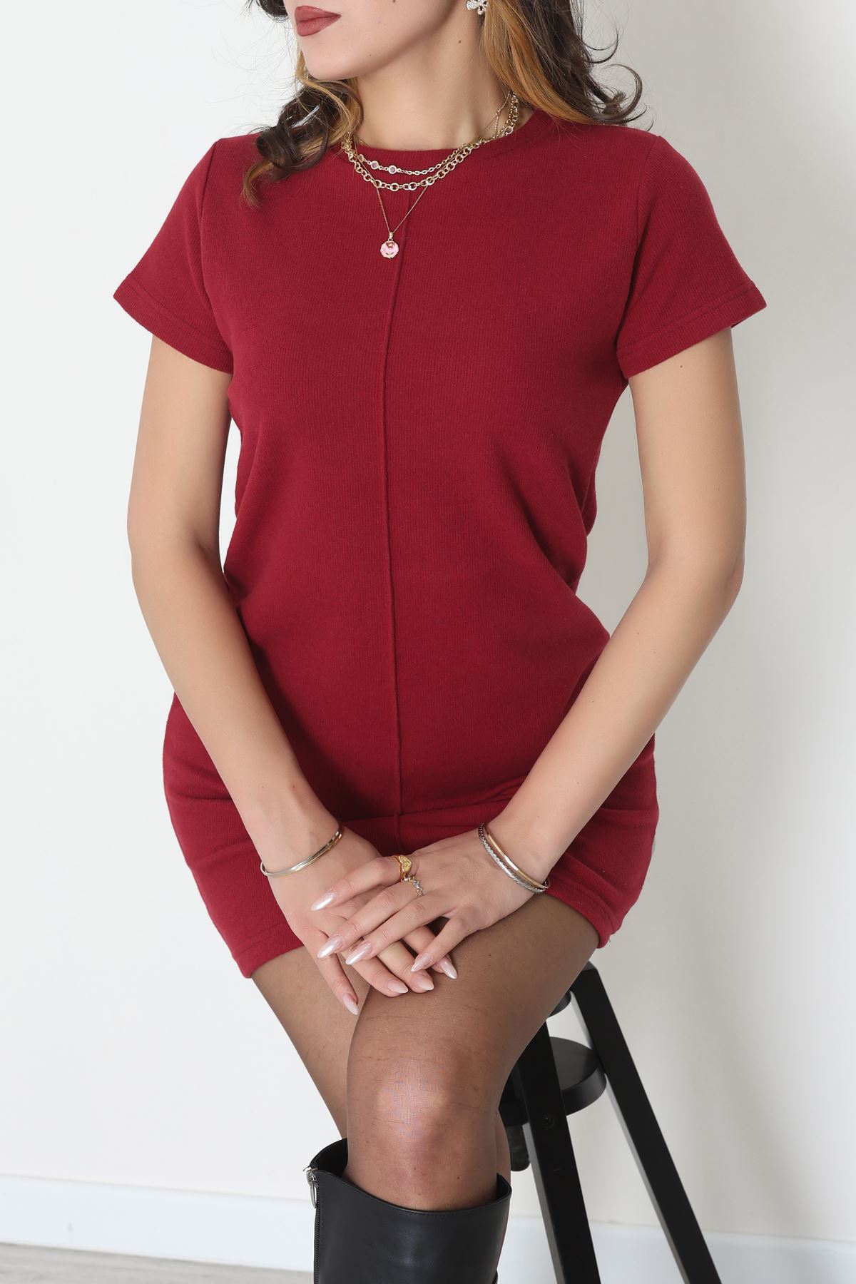 Bisiklet Yaka Selanik Kumaş Elbise Bordo - 70823.1567.