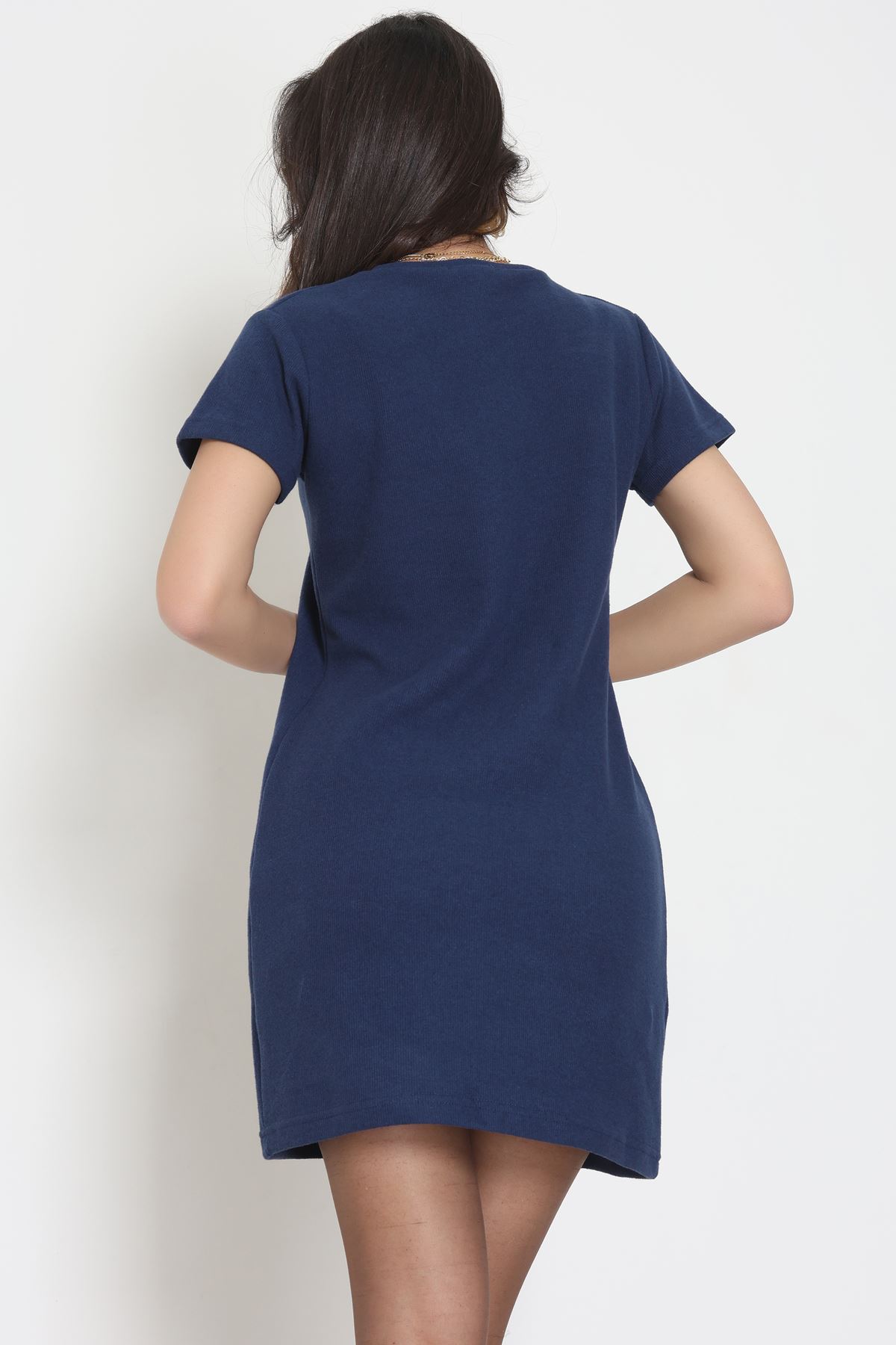 Bisiklet Yaka Selanik Kumaş Elbise Lacivert - 70823.1567.