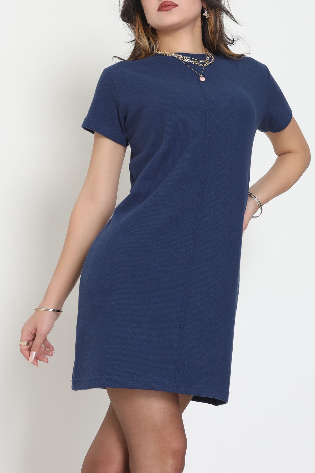 Bisiklet Yaka Selanik Kumaş Elbise Lacivert - 70823.1567.