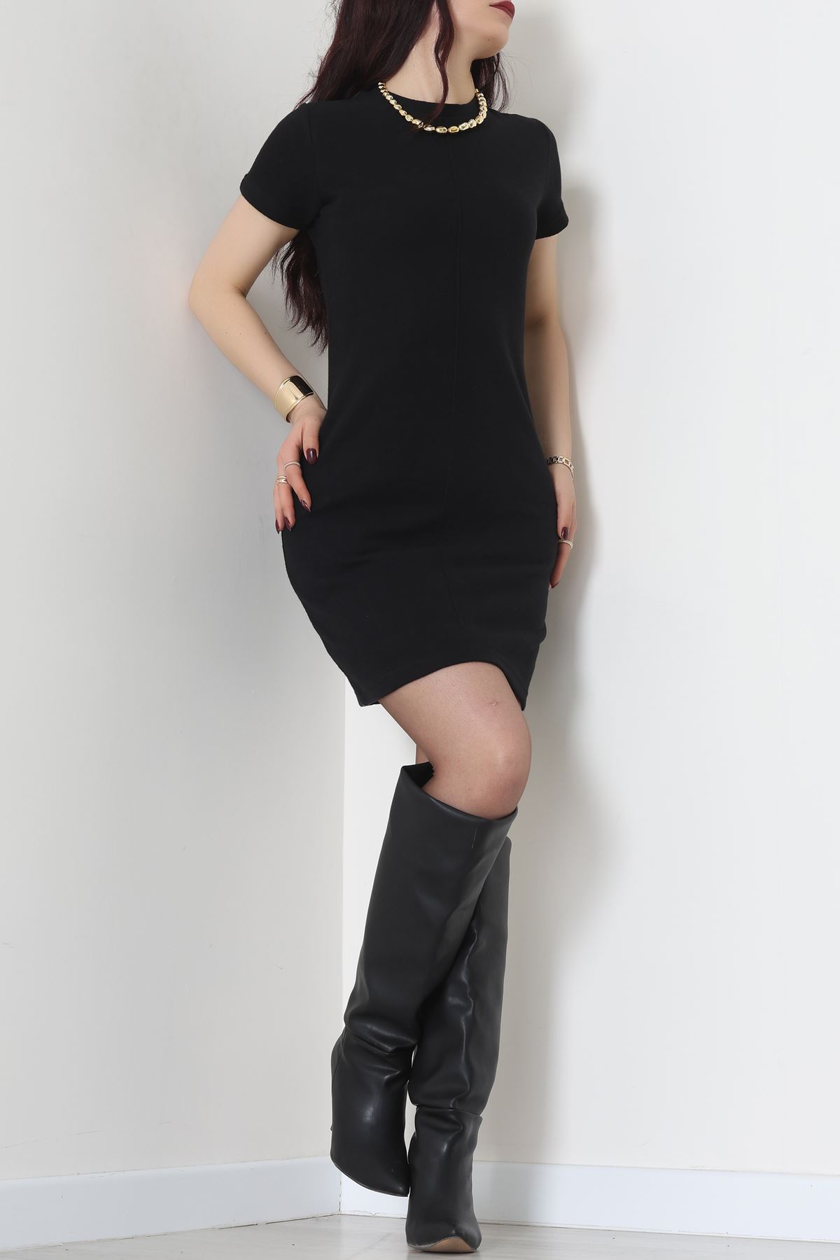 Bisiklet Yaka Selanik Kumaş Elbise Siyah - 70823.1567.