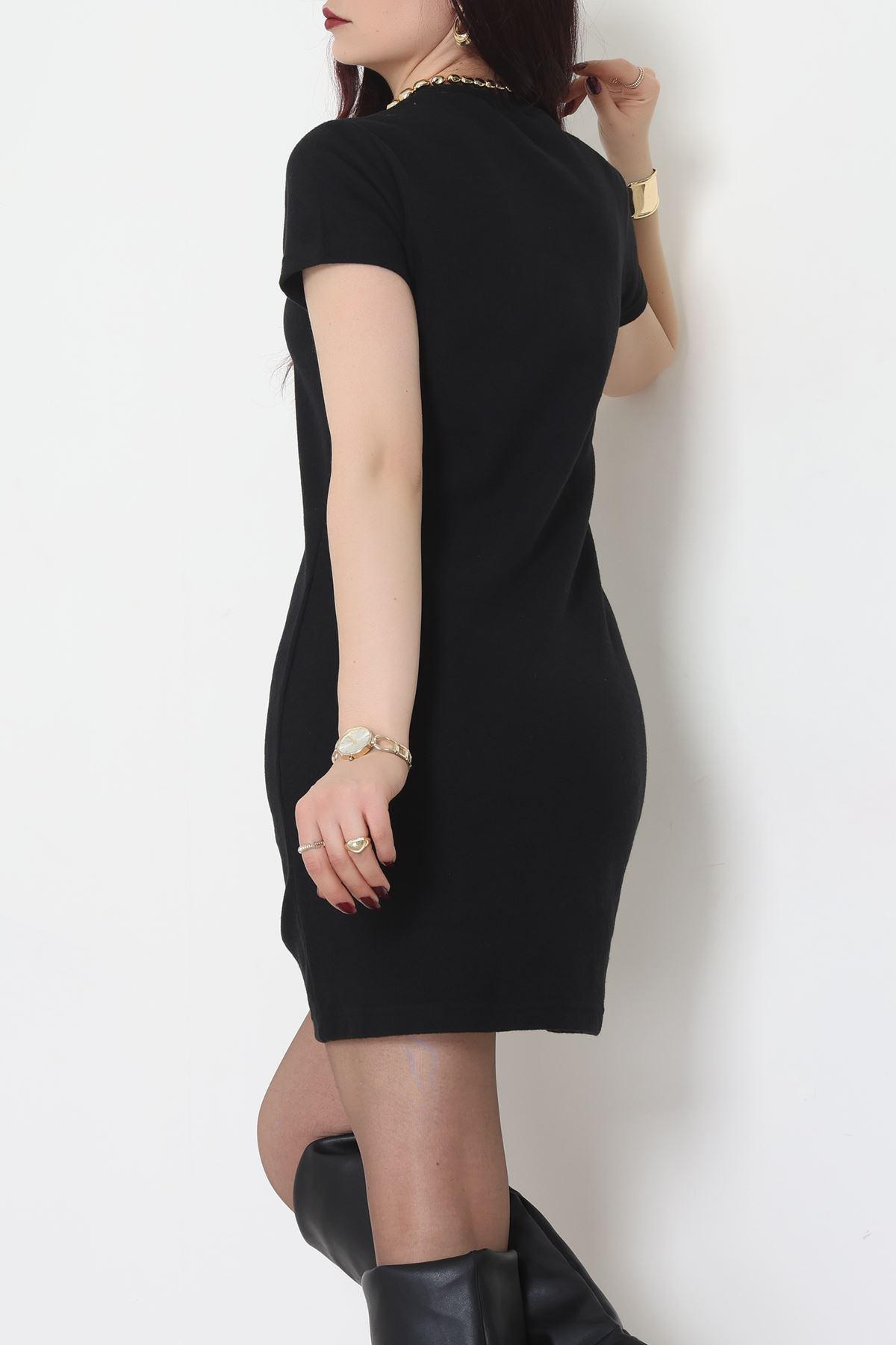 Bisiklet Yaka Selanik Kumaş Elbise Siyah - 70823.1567.