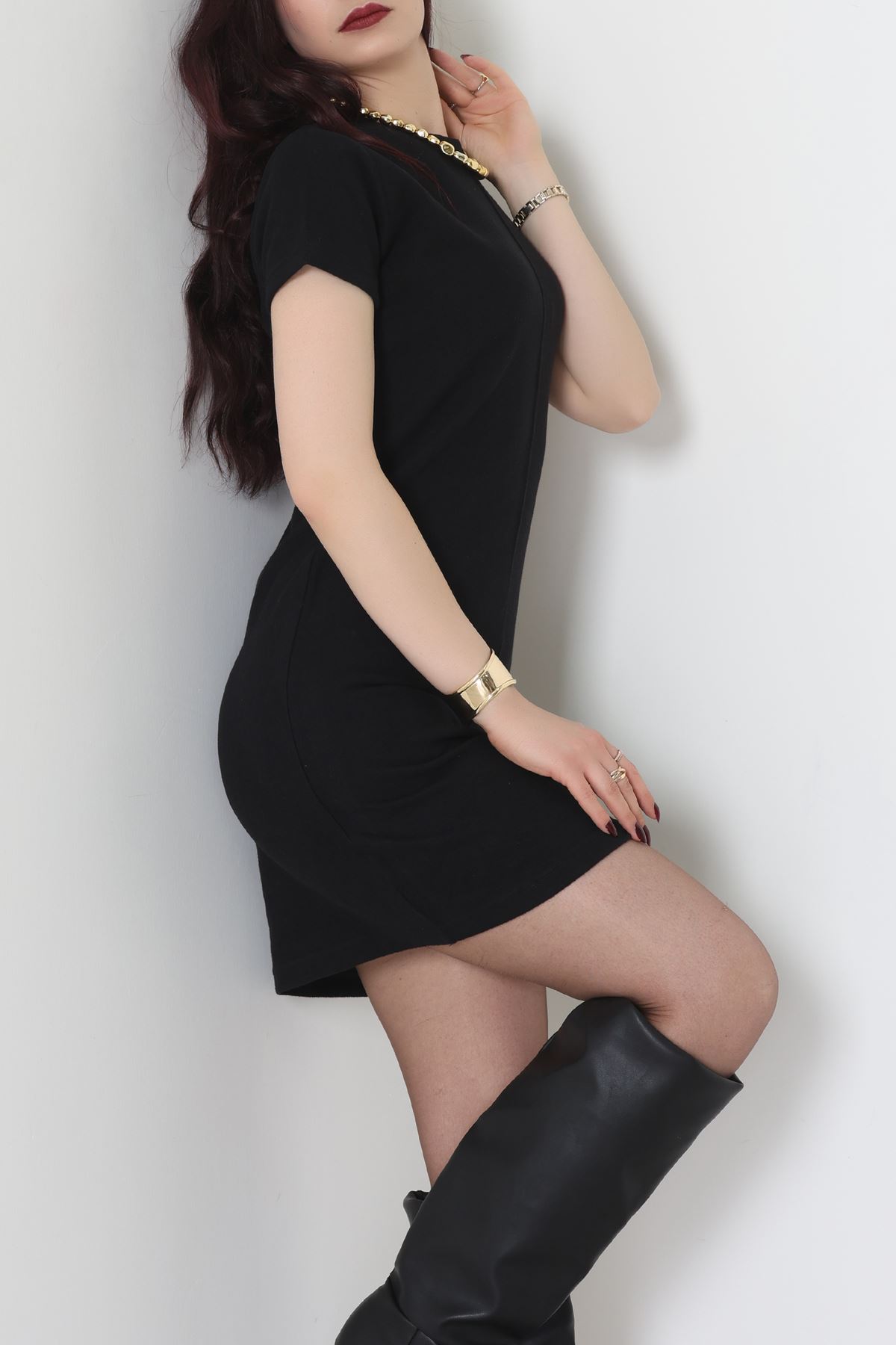 Bisiklet Yaka Selanik Kumaş Elbise Siyah - 70823.1567.