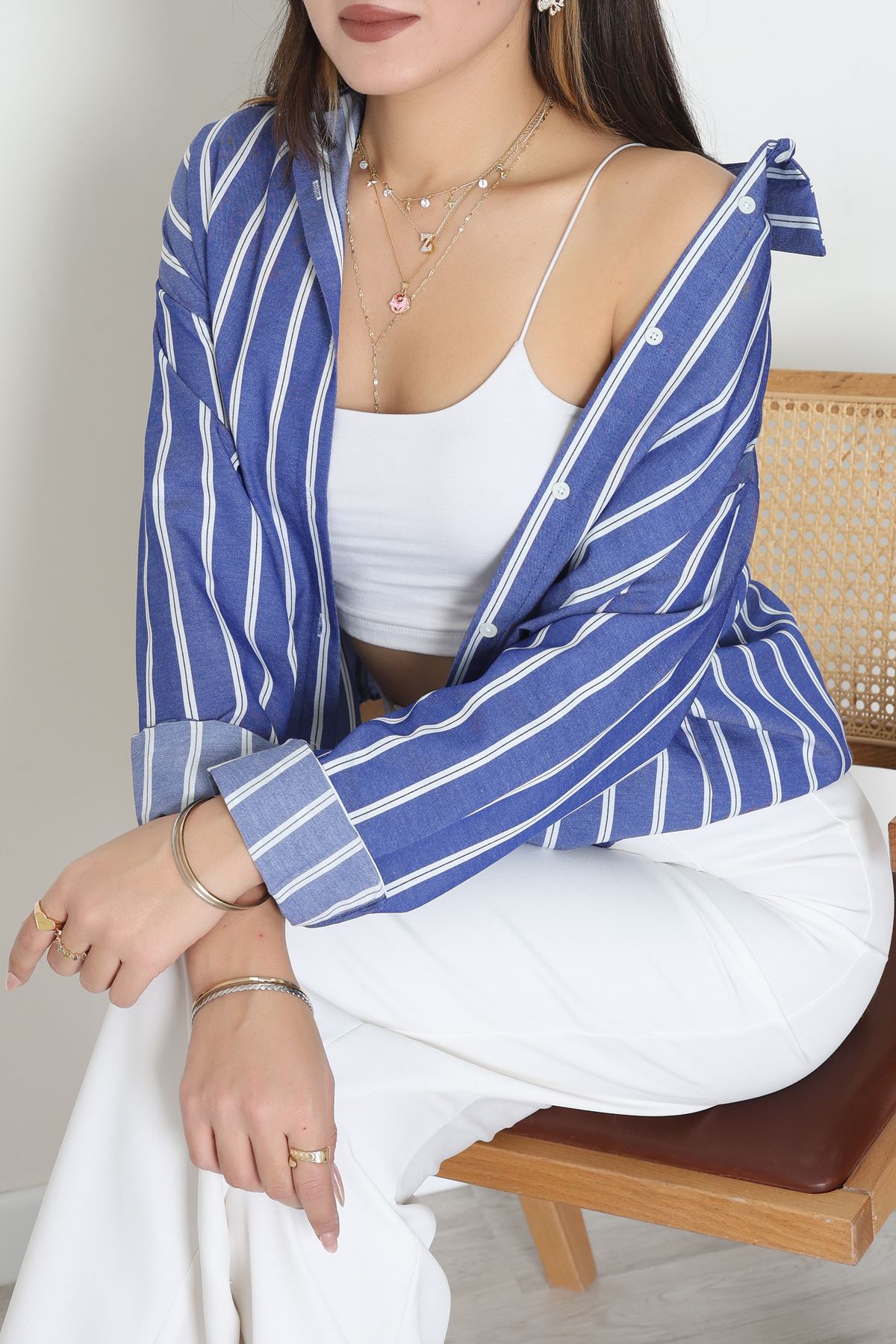 Pamuk Polyester Çizgili Oversize Gömlek Koyumavi1 - 51052.147.