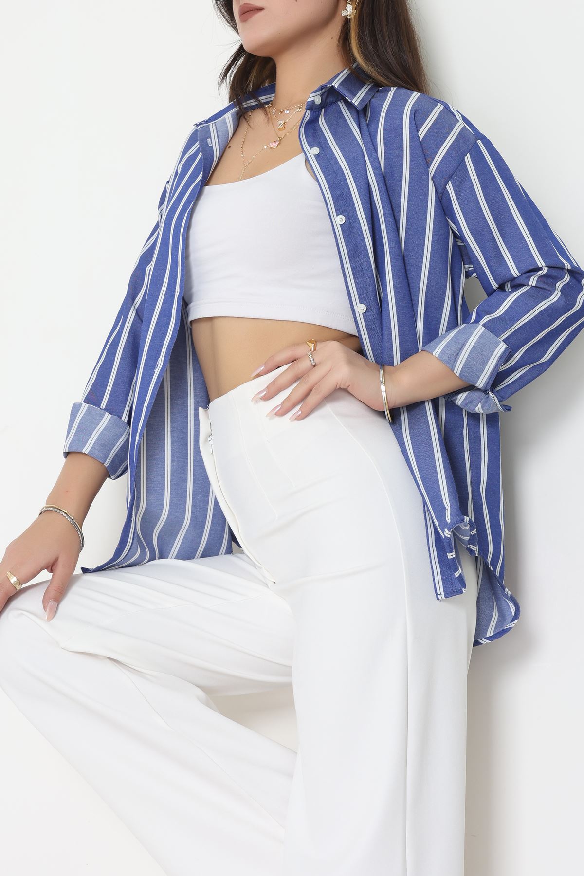 Pamuk Polyester Çizgili Oversize Gömlek Koyumavi1 - 51052.147.