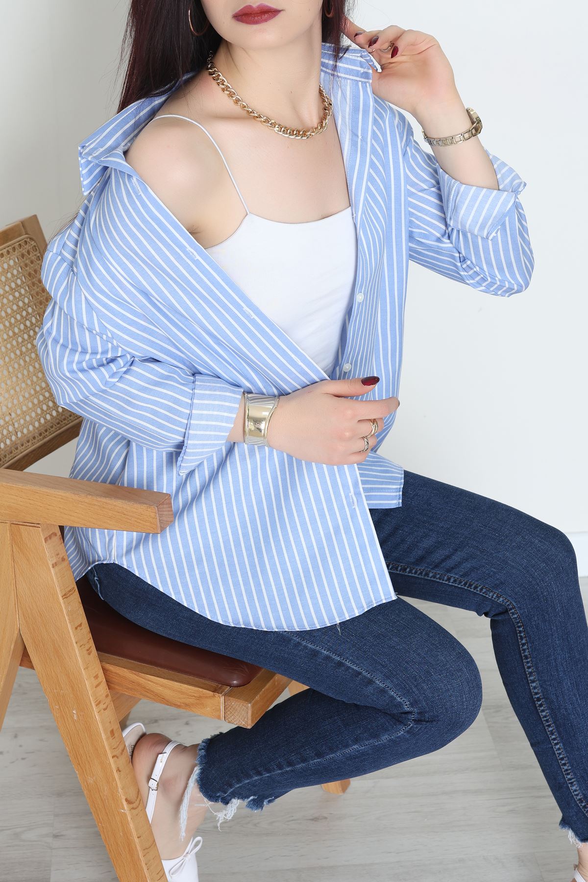 Pamuk Polyester Çizgili Oversize Gömlek Açıkmavibeyaz - 51052.147.
